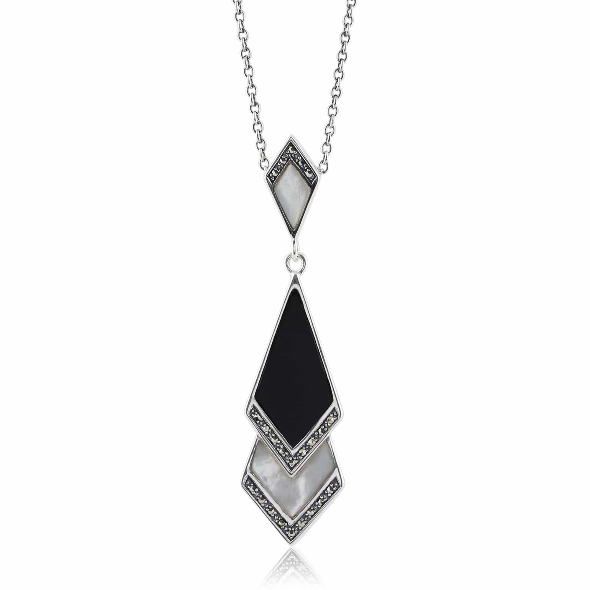Art Deco Style Mother of Pearl, Black Onyx & Marcasite Pendant in 925 Sterling Silver - Gemondo
