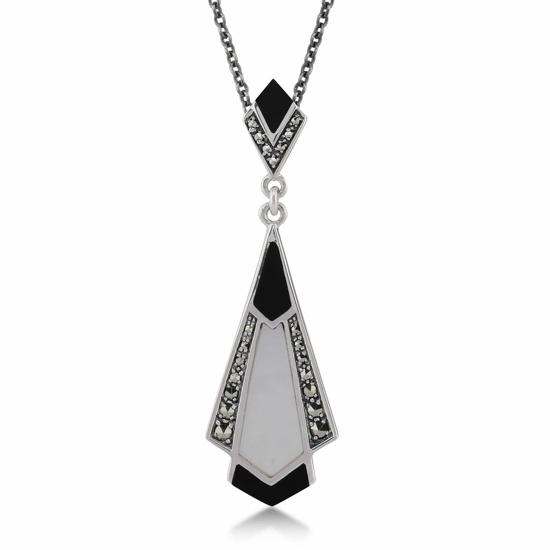 Art Deco Style Cabochon Black Onyx, Mother of Pearl & Marcasite Pendant in 925 Sterling Silver - Gemondo
