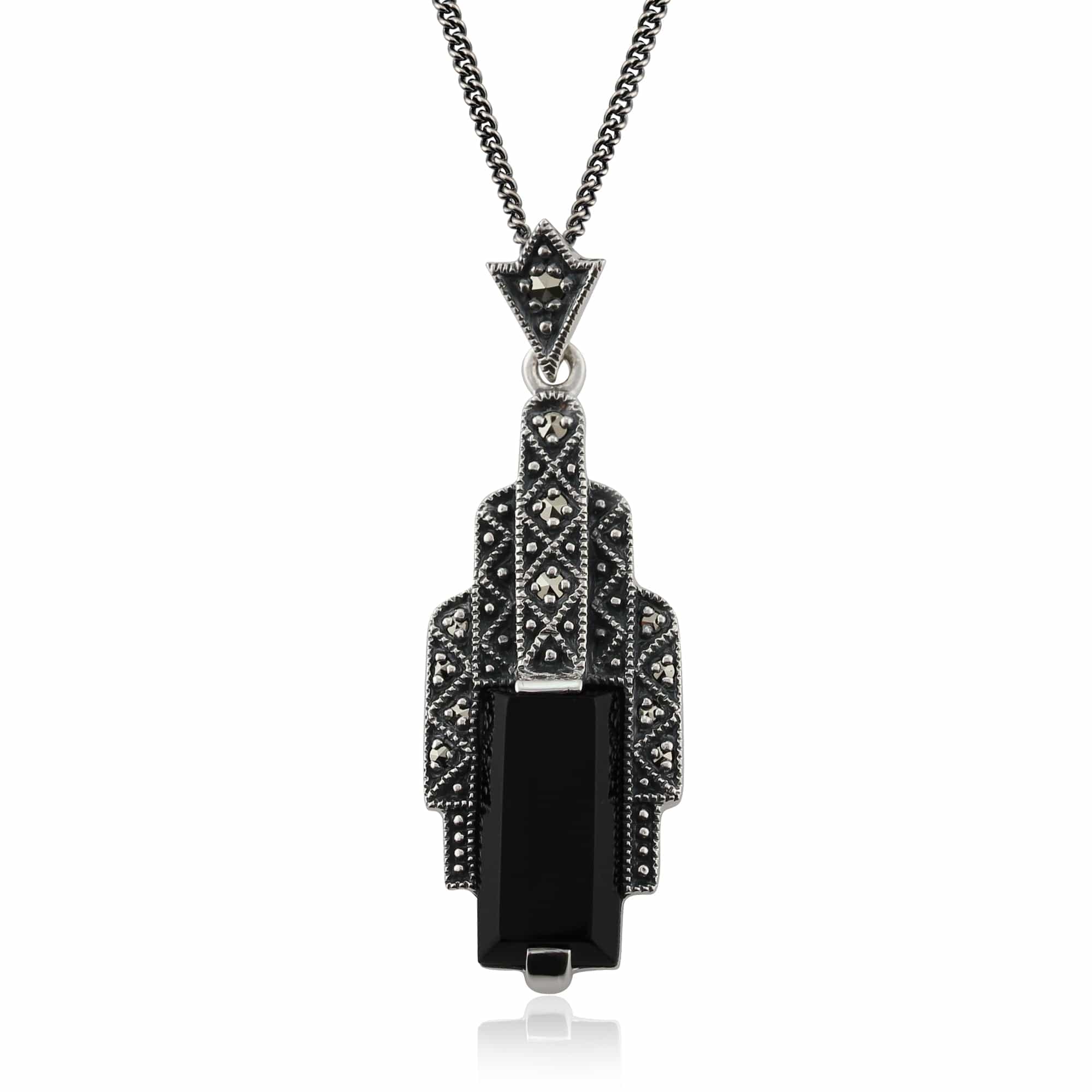 Art Deco Style Rectangle Black Onyx Cabochon & Marcasite Necklace In Sterling Silver - Gemondo