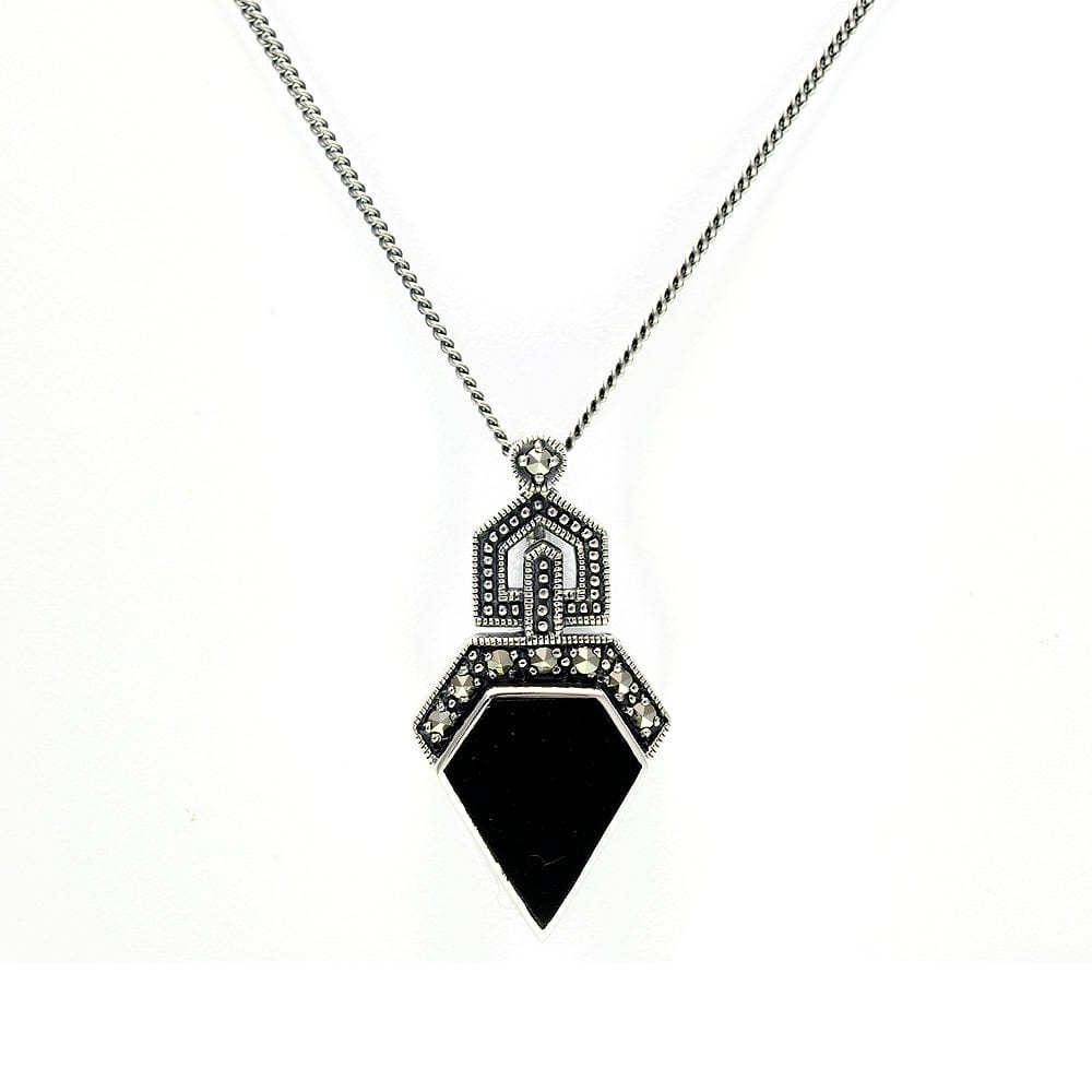 Art Deco Style Irregular Cut Onyx and Marcasite Pendant in 925 Sterling Silver