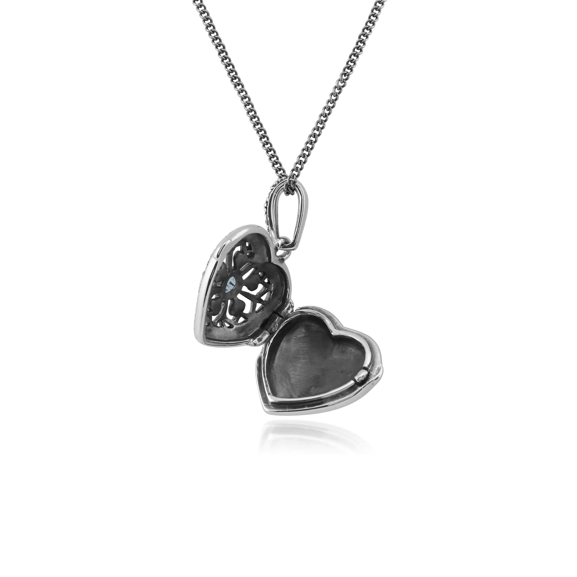 214N461906925 Art Nouveau Style Round Aquamarine & Marcasite Heart Necklace in 925 Sterling Silver 3