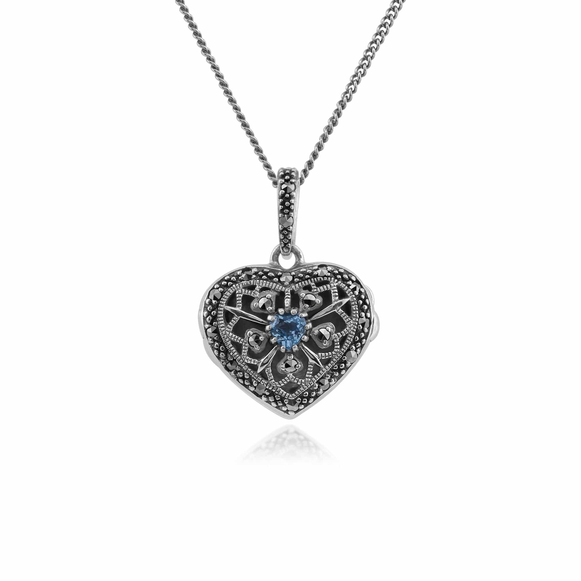 Art Nouveau Style Round Blue Topaz & Marcasite Heart Necklace in 925 Sterling Silver - Gemondo