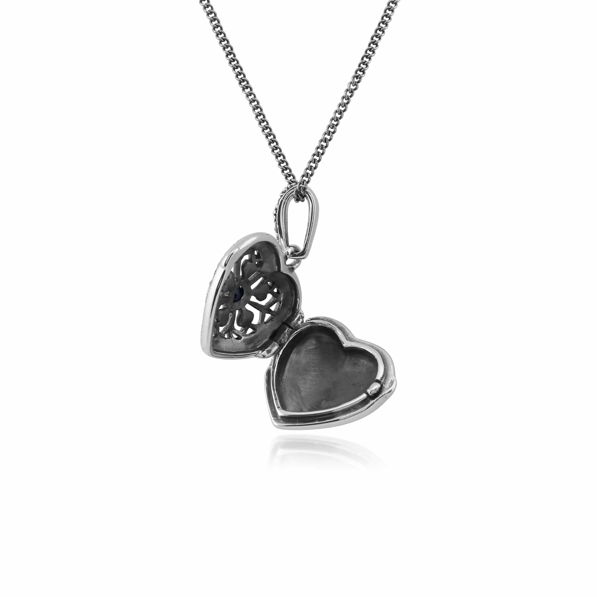 214N461912925 Art Nouveau Style Round Sapphire & Marcasite Heart Necklace in 925 Sterling Silver 4