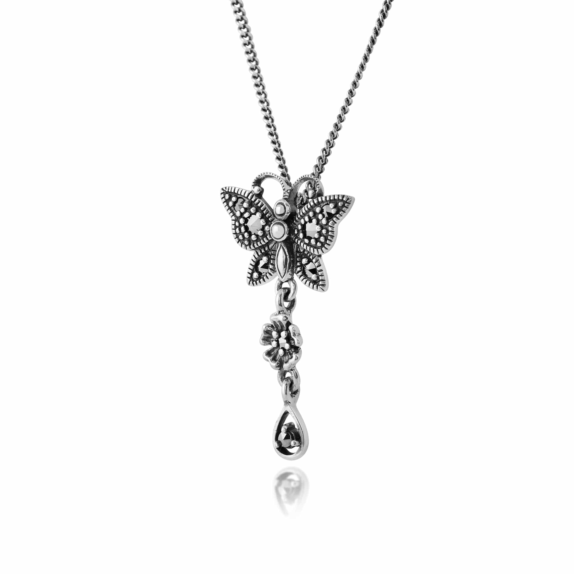 214N465301925 Art Nouveau Style Round Marcasite Butterfly Pendant in 925 Sterling Silver 2