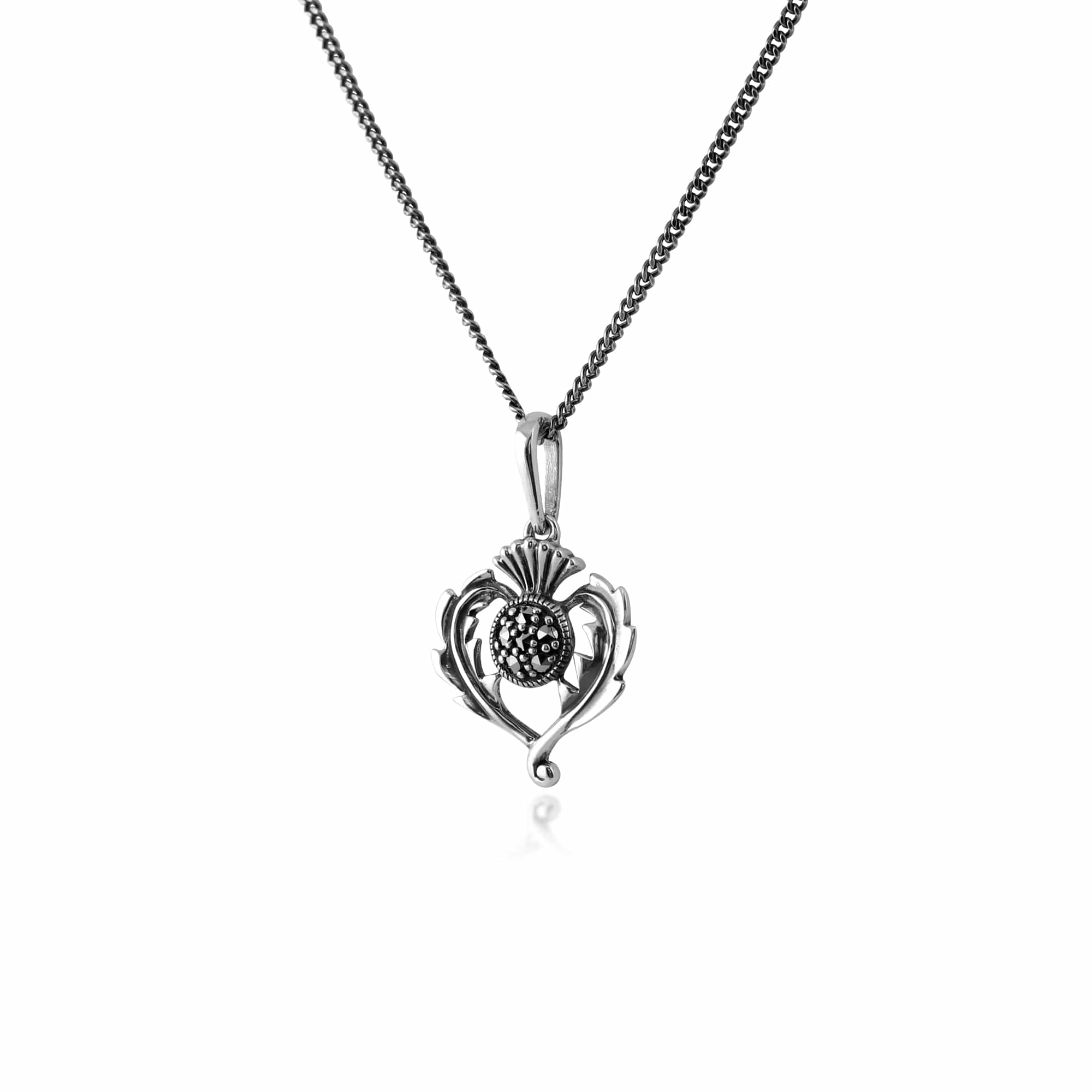 Art Nouveau Style Round Marcasite Thistle Pendant in 925 Sterling Silver - Gemondo