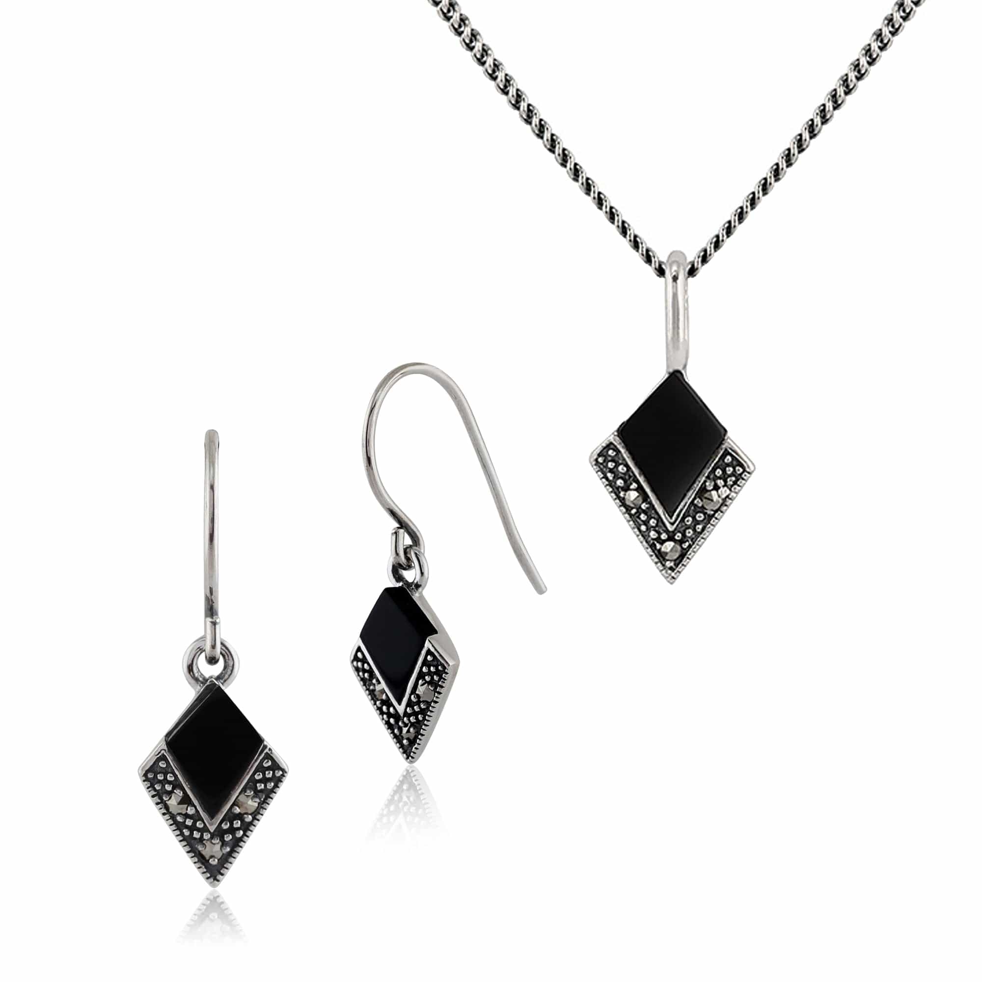 Art Deco Black Onyx & Marcasite Kite Drop Earrings & Pendant Set Image 1