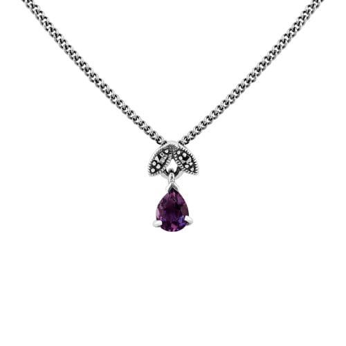 Art Nouveau Style Pear Amethyst & Marcasite Pendant in 925 Sterling Silver - Gemondo