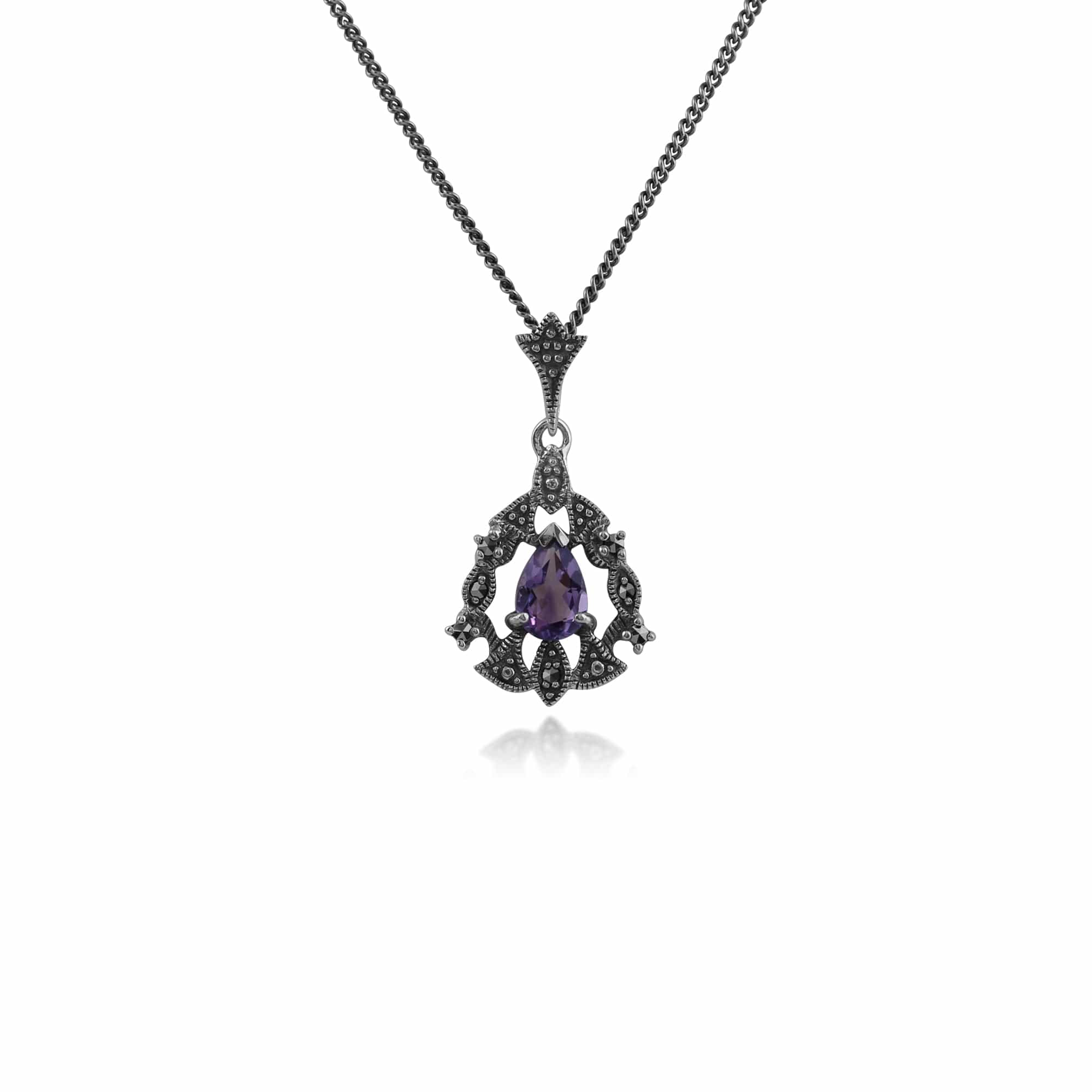 214N540202925 Art Nouveau Style Pear Amethyst & Marcasite Garland Necklace in 925 Sterling Silver 1