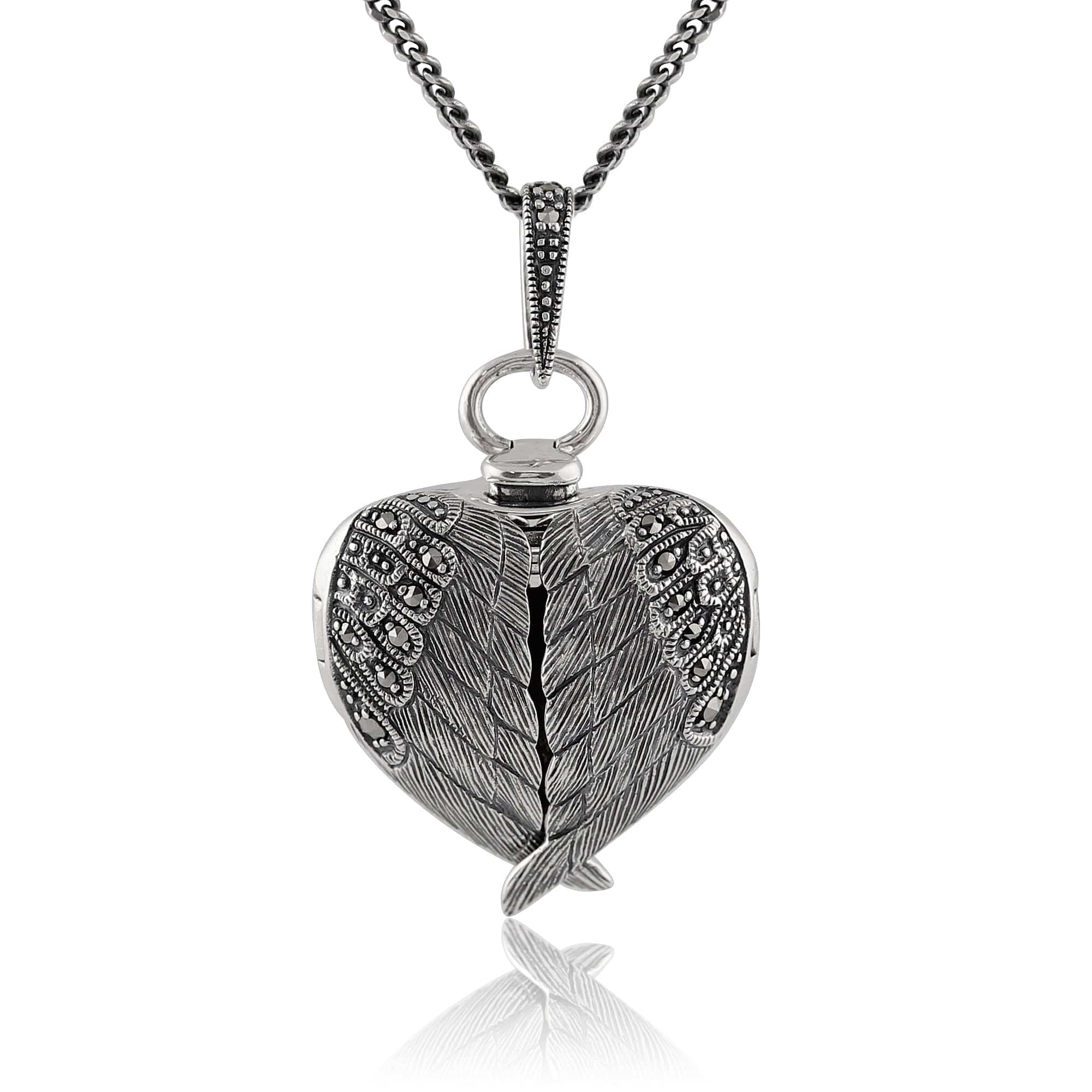Art Nouveau Style Round Marcasite Angel Wing Heart Locket on Chain in 925 Sterling Silver - Gemondo