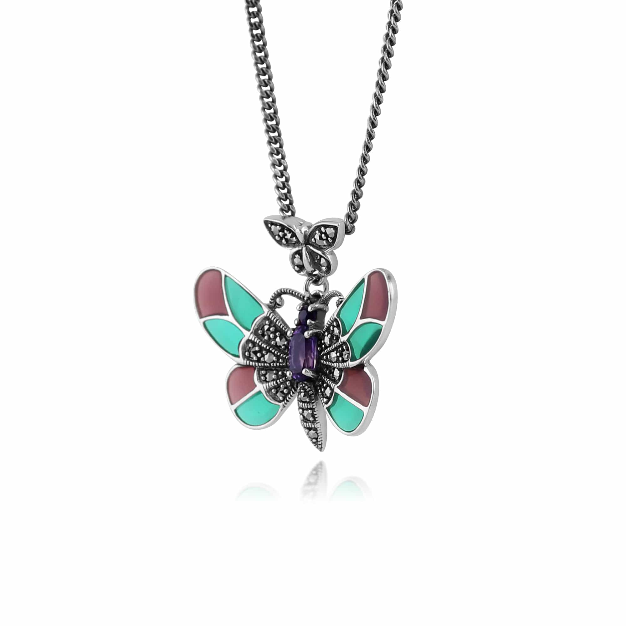 214N634301925 Art Nouveau Style Oval Amethyst, Marcasite & Enamel Butterfly Necklace in 925 Sterling Silver 2