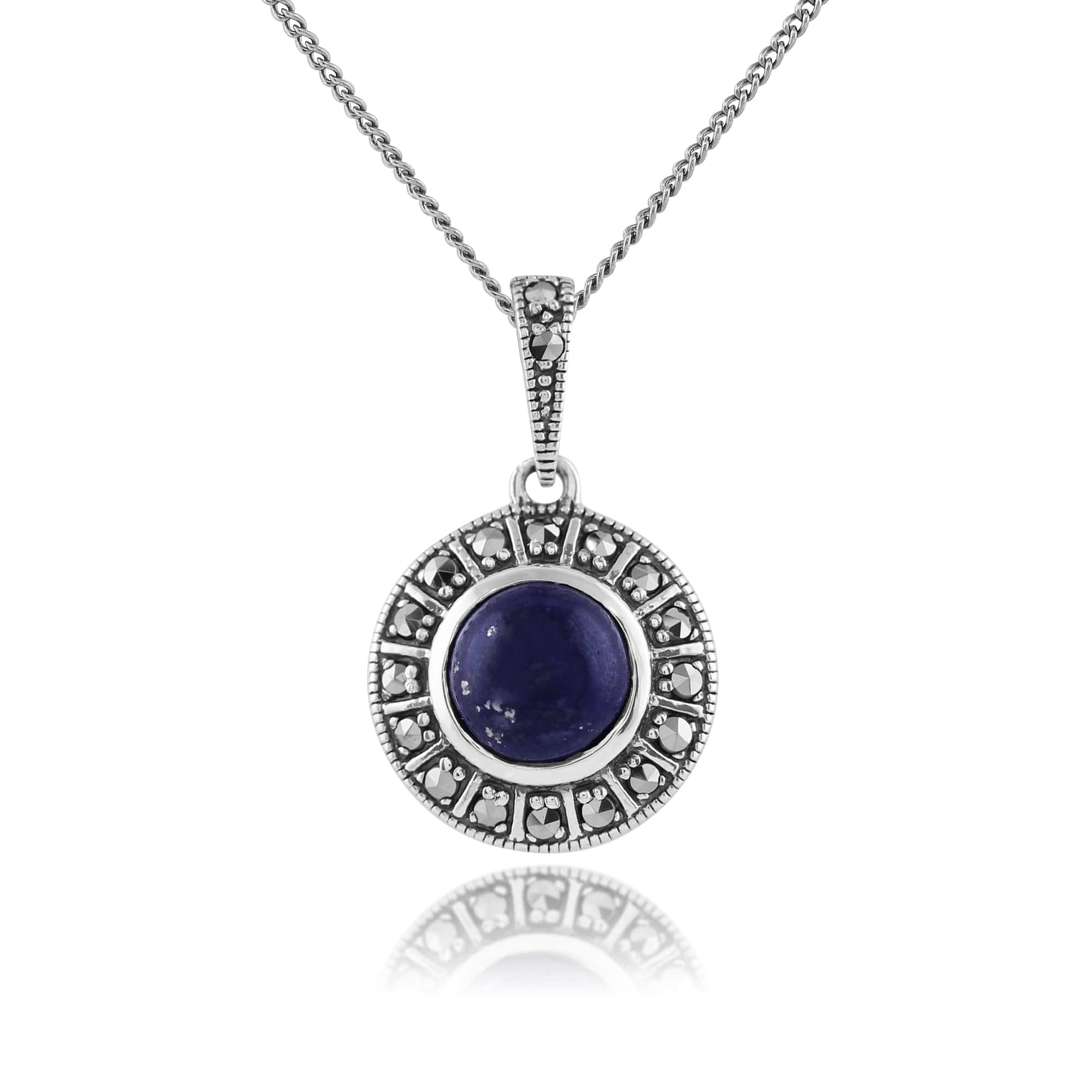 Art Deco Style Round Lapis Lazuli Cabochon & Marcasite Pendant in 925 Sterling Silver