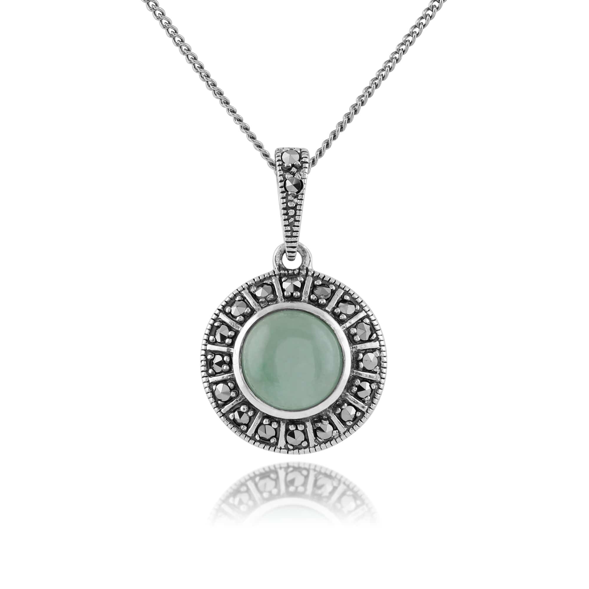 Art Deco Style Round Green Jade Cabochon & Marcasite Pendant in 925 Sterling Silver - Gemondo