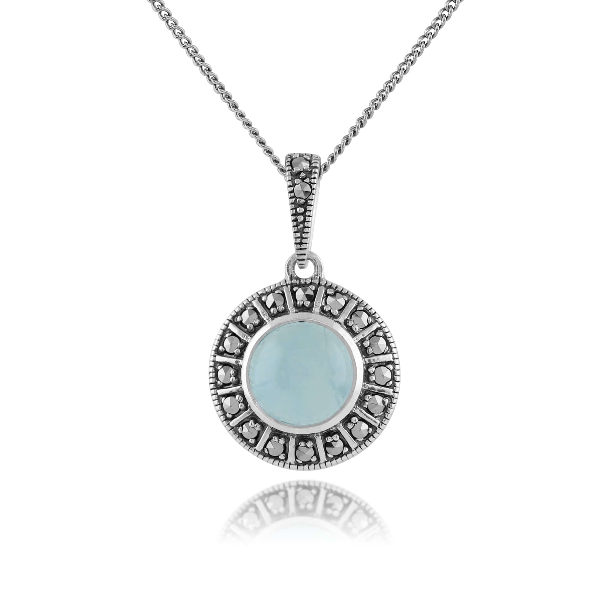 Art Deco Style Round Milky Aquamarine Cabochon & Marcasite Pendant in 925 Sterling Silver - Gemondo