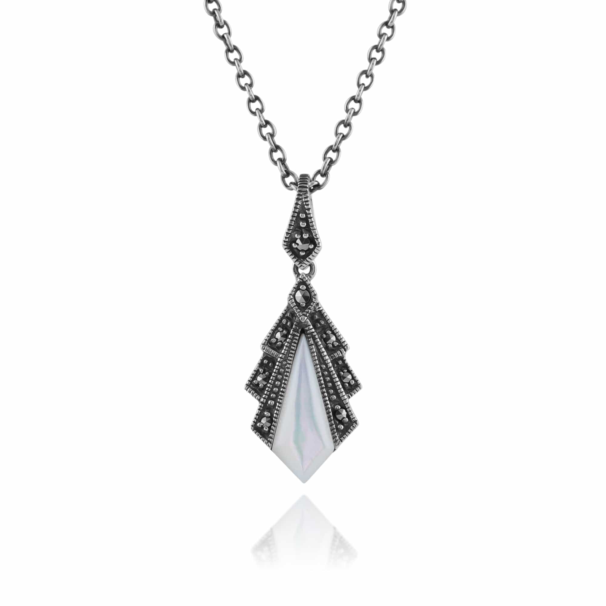 Art Deco Mother Of Pearl & Marcasite Fan Drop Earrings & Pendant Set Image 4