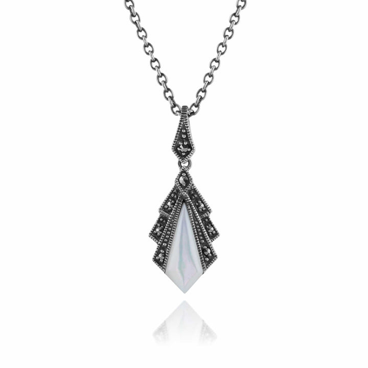Art Deco Mother Of Pearl & Marcasite Fan Drop Earrings & Pendant Set Image 4