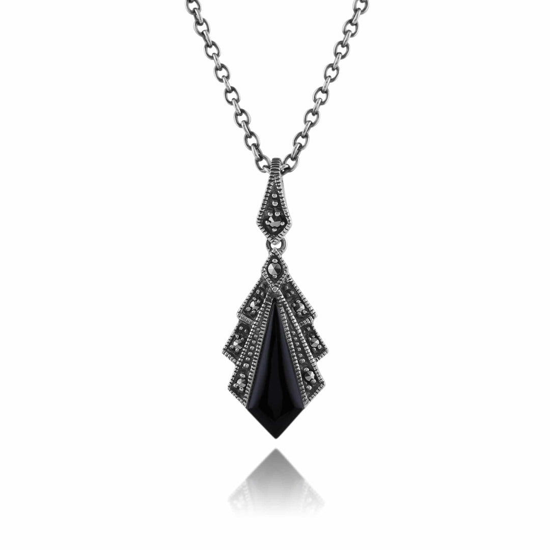 Art Deco Style Black Onyx & Marcasite Pendant in 925 Sterling Silver - Gemondo