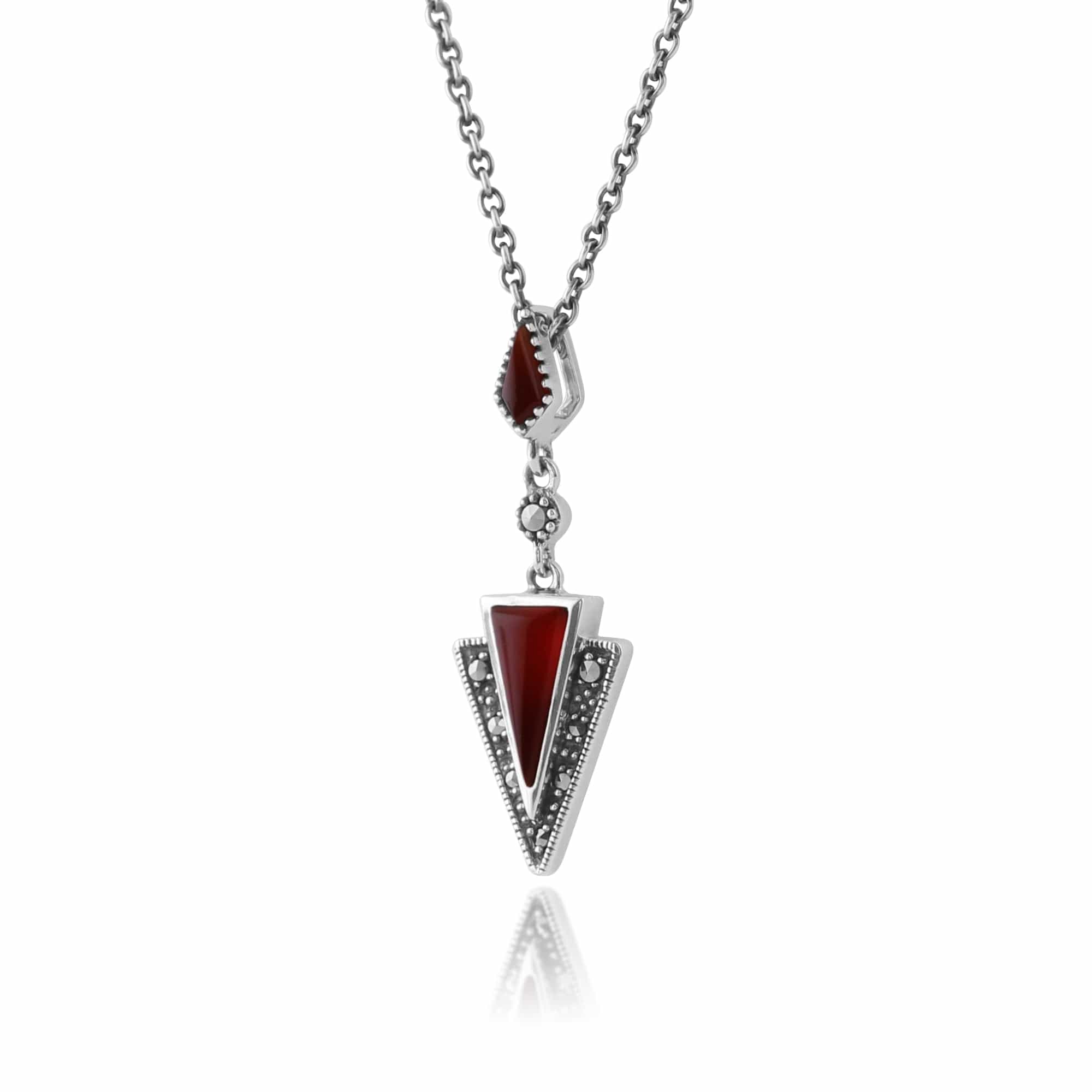 Art Deco Style Carnelian & Marcasite Pendant in 925 Sterling Silver - Gemondo