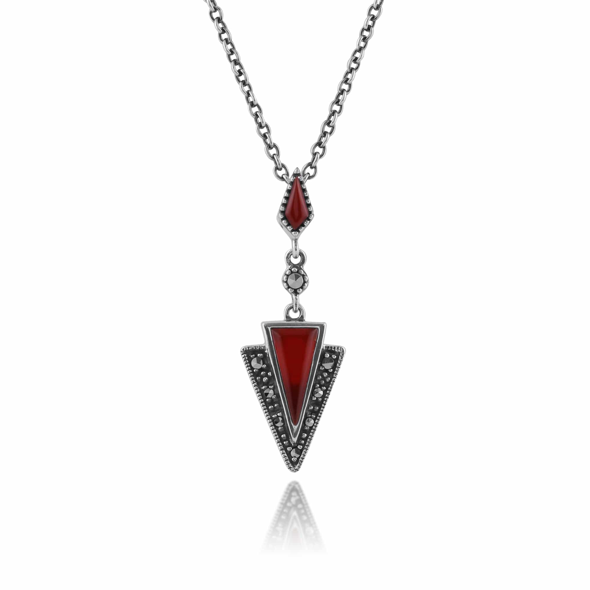 Art Deco Style Carnelian & Marcasite Pendant in 925 Sterling Silver - Gemondo