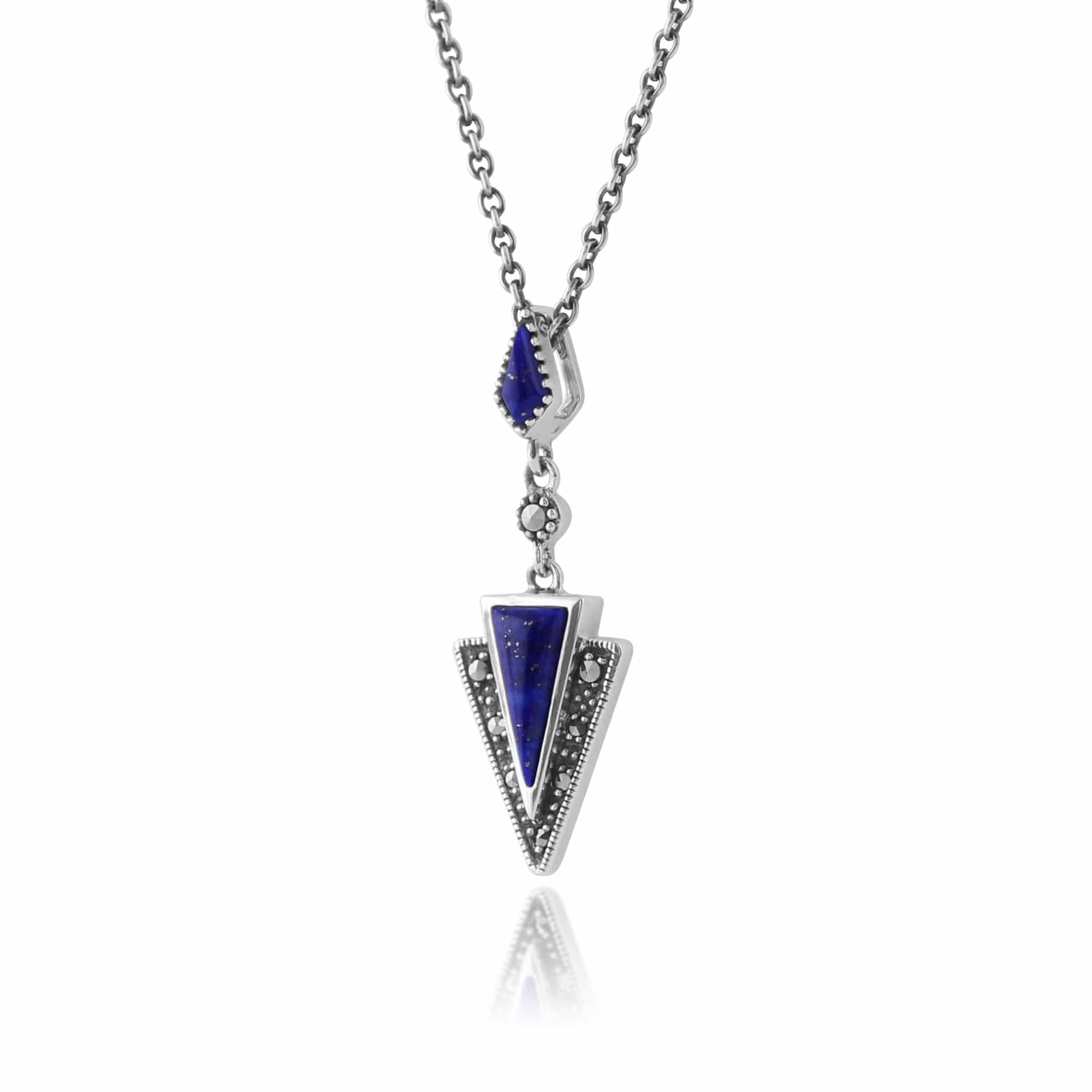 214E823002925-214N658303925 Art Deco Style Style Triangle Lapis Lazuli & Marcasite Drop Earrings & Necklace Set in 925 Sterling Silver 5