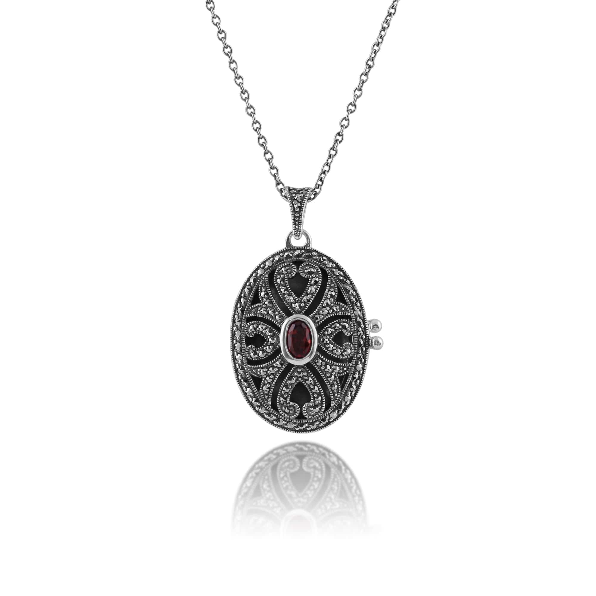 Art Nouveau Style Oval Garnet & Marcasite Locket Pendant in 925 Sterling Silver