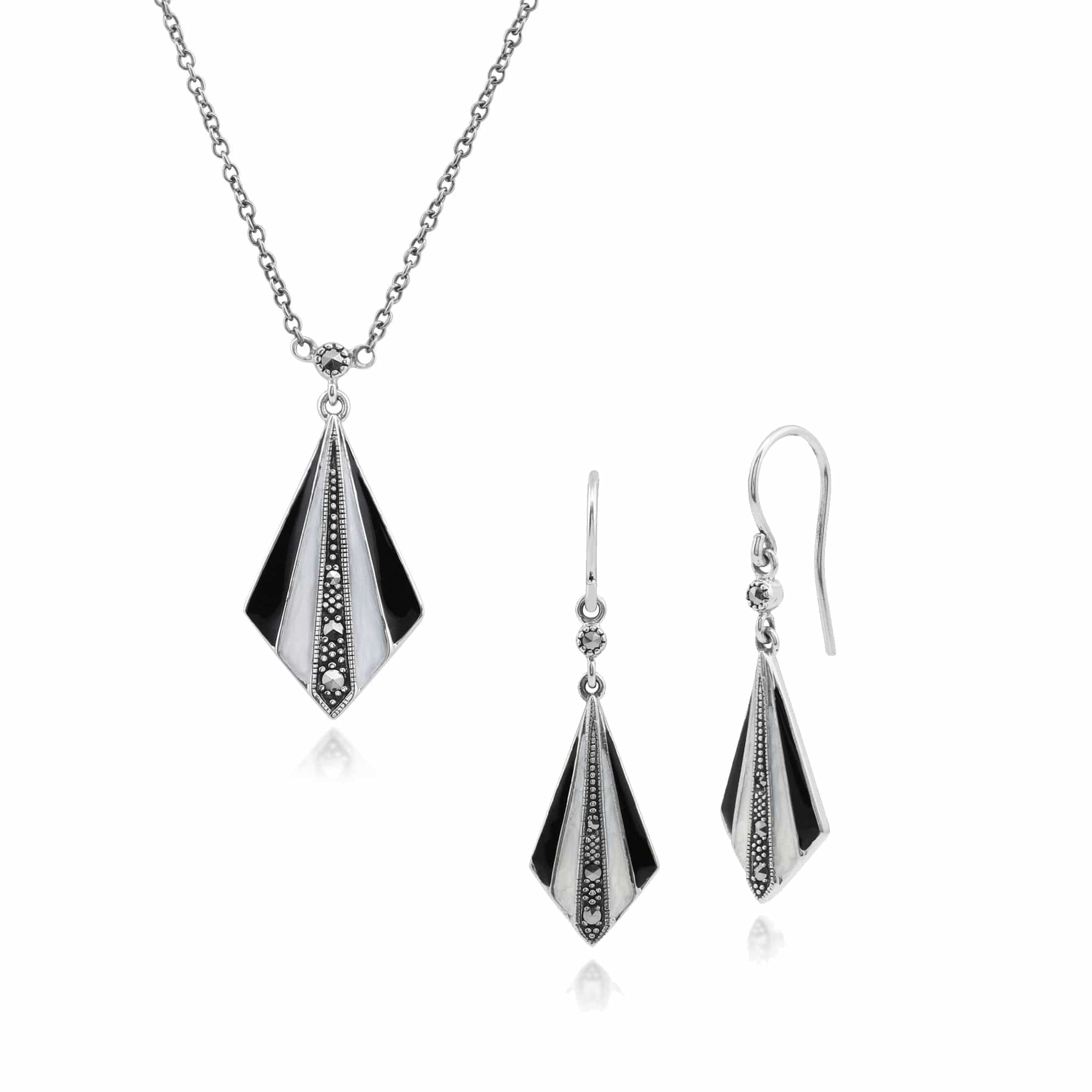 Art Deco Style Enamel & Marcasite Fan Drop Earrings & Necklace Set - Gemondo