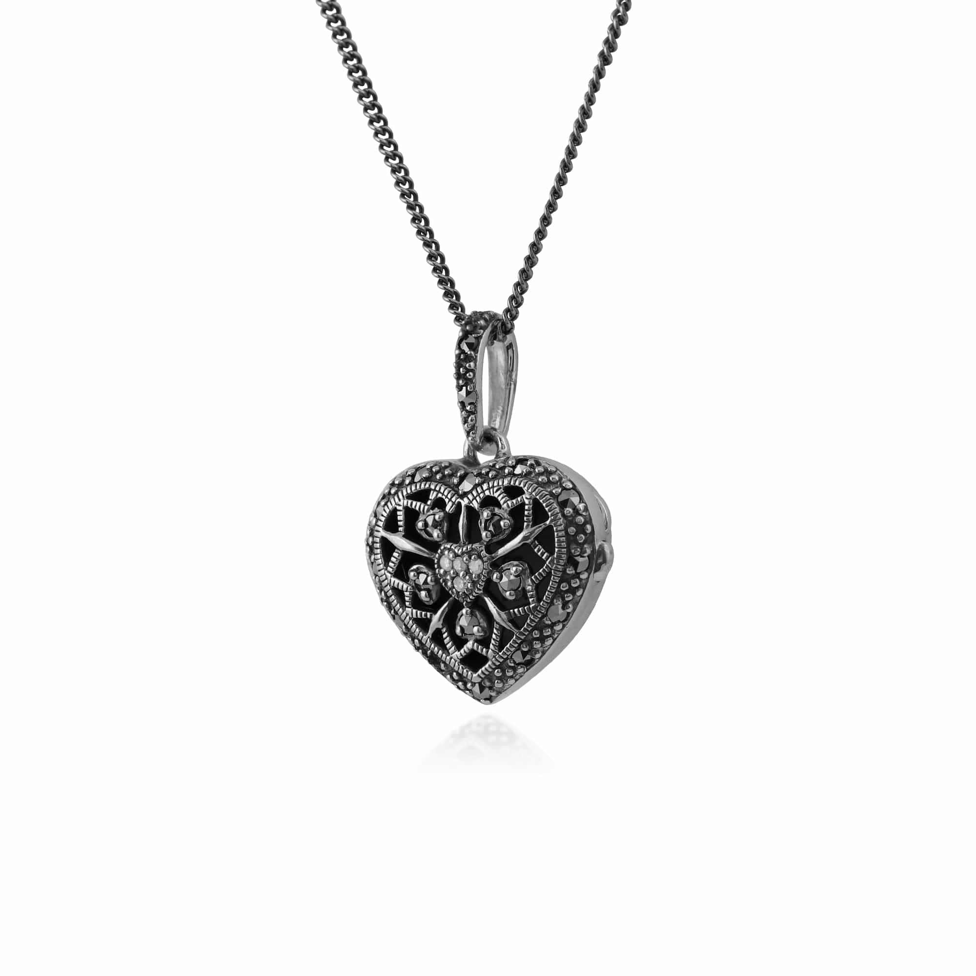 214N688601925 Art Nouveau Style Round Diamond & Marcasite Heart Necklace in 925 Sterling Silver 2