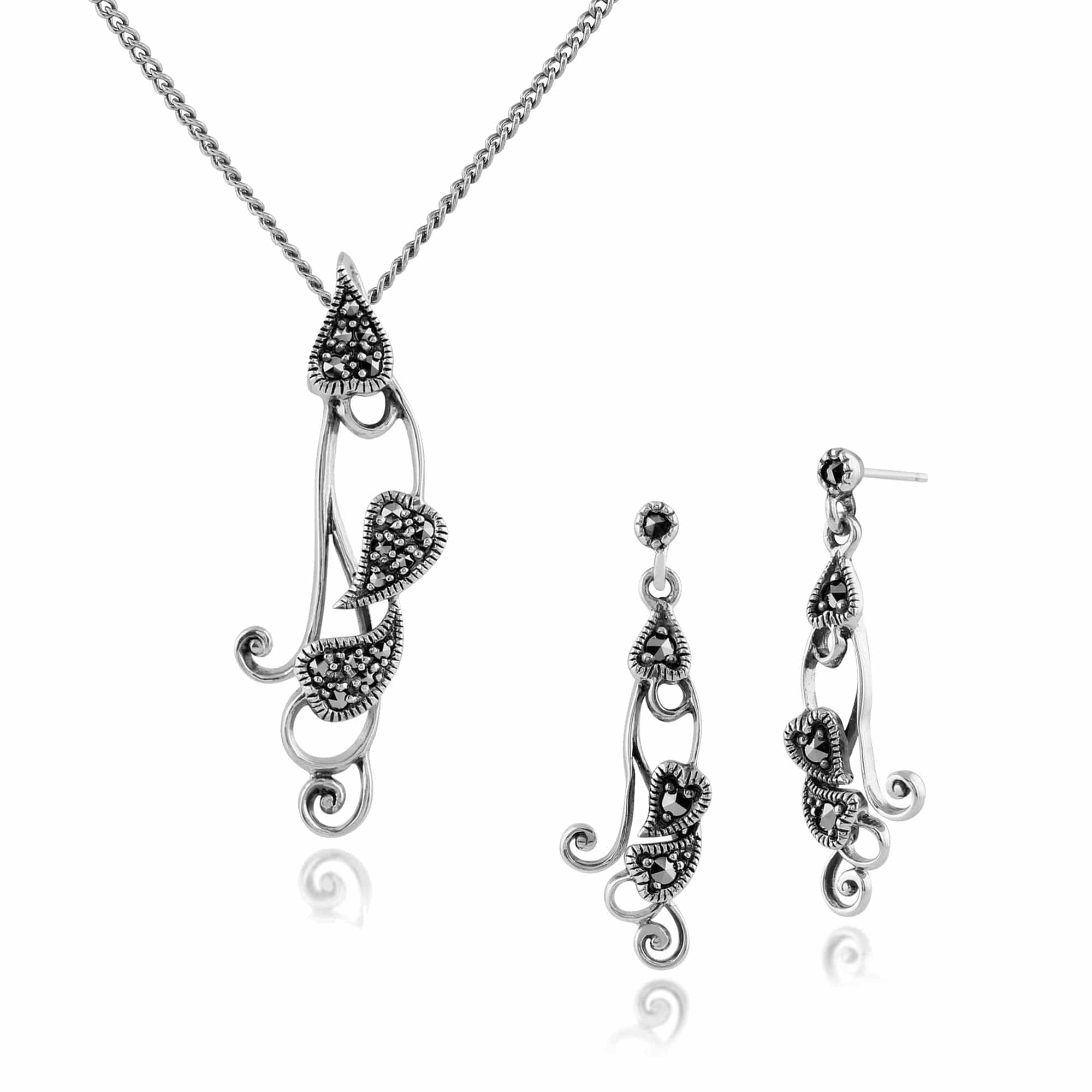 214E661201925-214P214901925 Art Nouveau Style Style Round Marcasite Twisted Leaf Drop Earrings & Pendant Set in 925 Sterling Silver 1