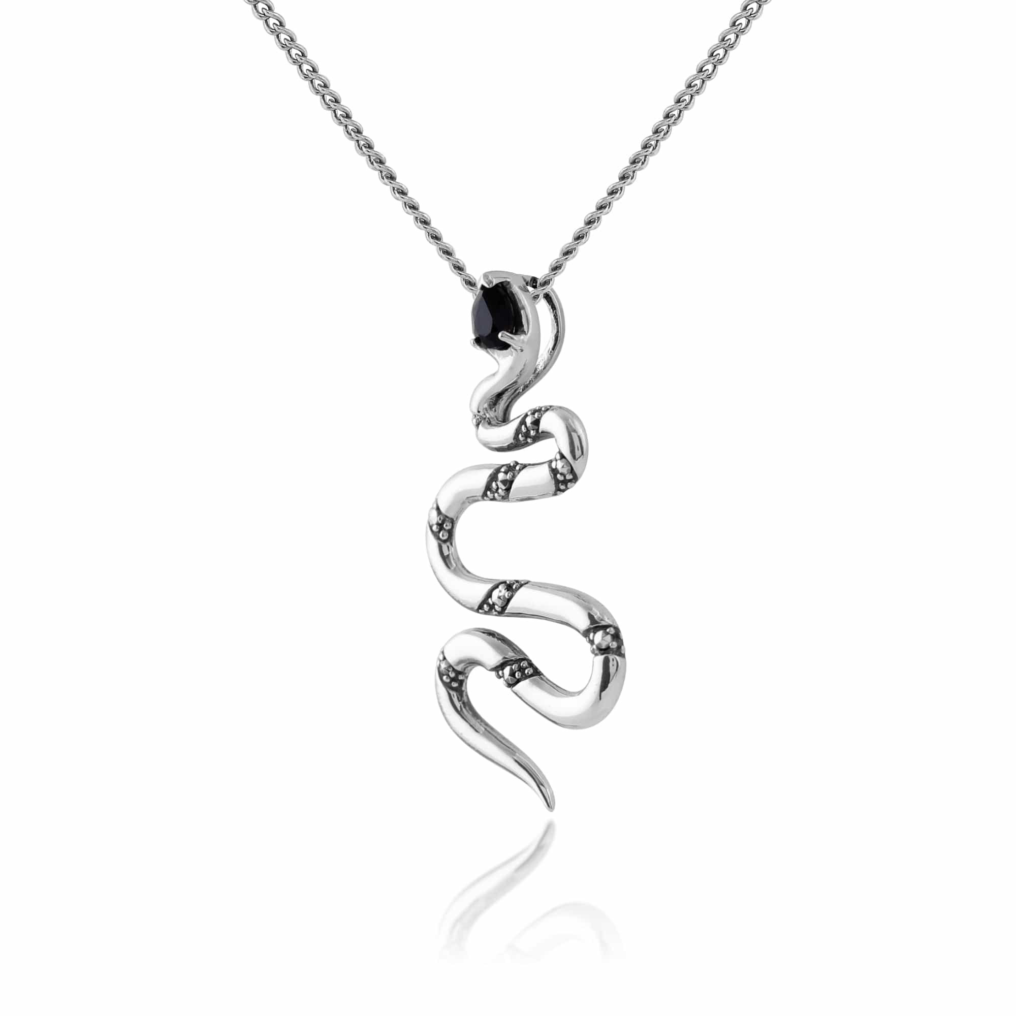 214N661401925 Art Deco Style Pear Black Spinel & Marcasite Snake Necklace in 925 Sterling Silver 2