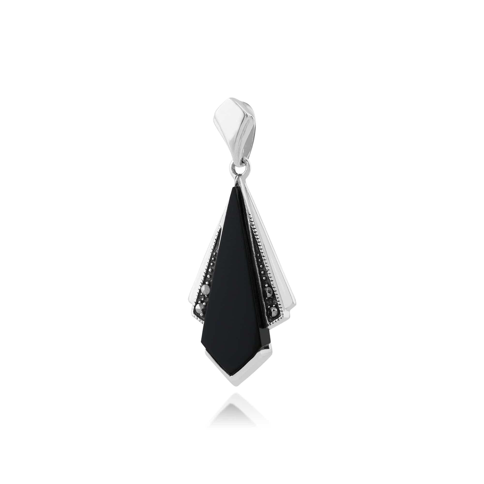 214P296301925 Art Deco Style Black Onyx & Marcasite Fan Drop Pendant in 925 Sterling Silver 2