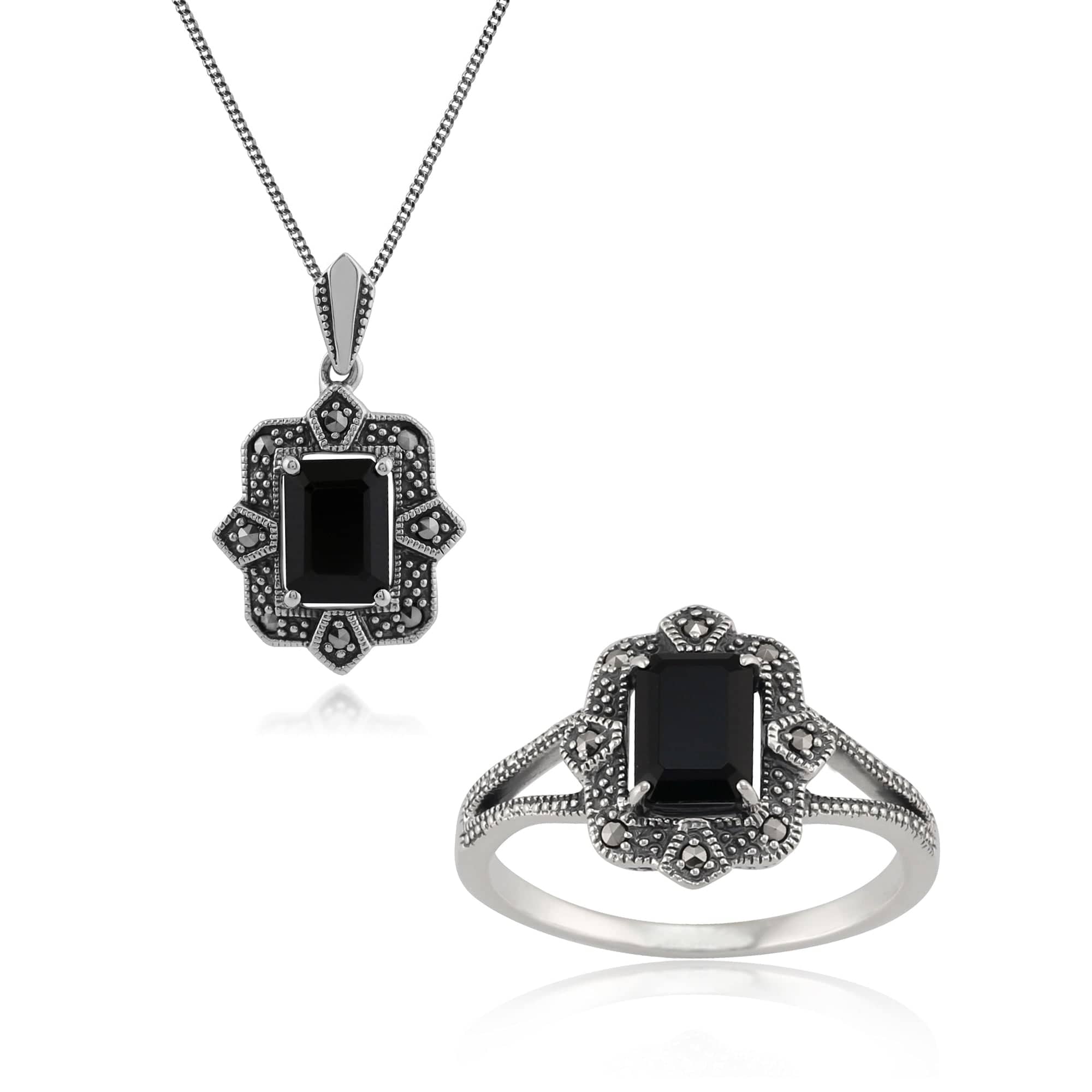 214P297801925-214R479001925 Art Deco Style Black Spinel & Marcasite Drop Earrings & Ring Set in Silver 1