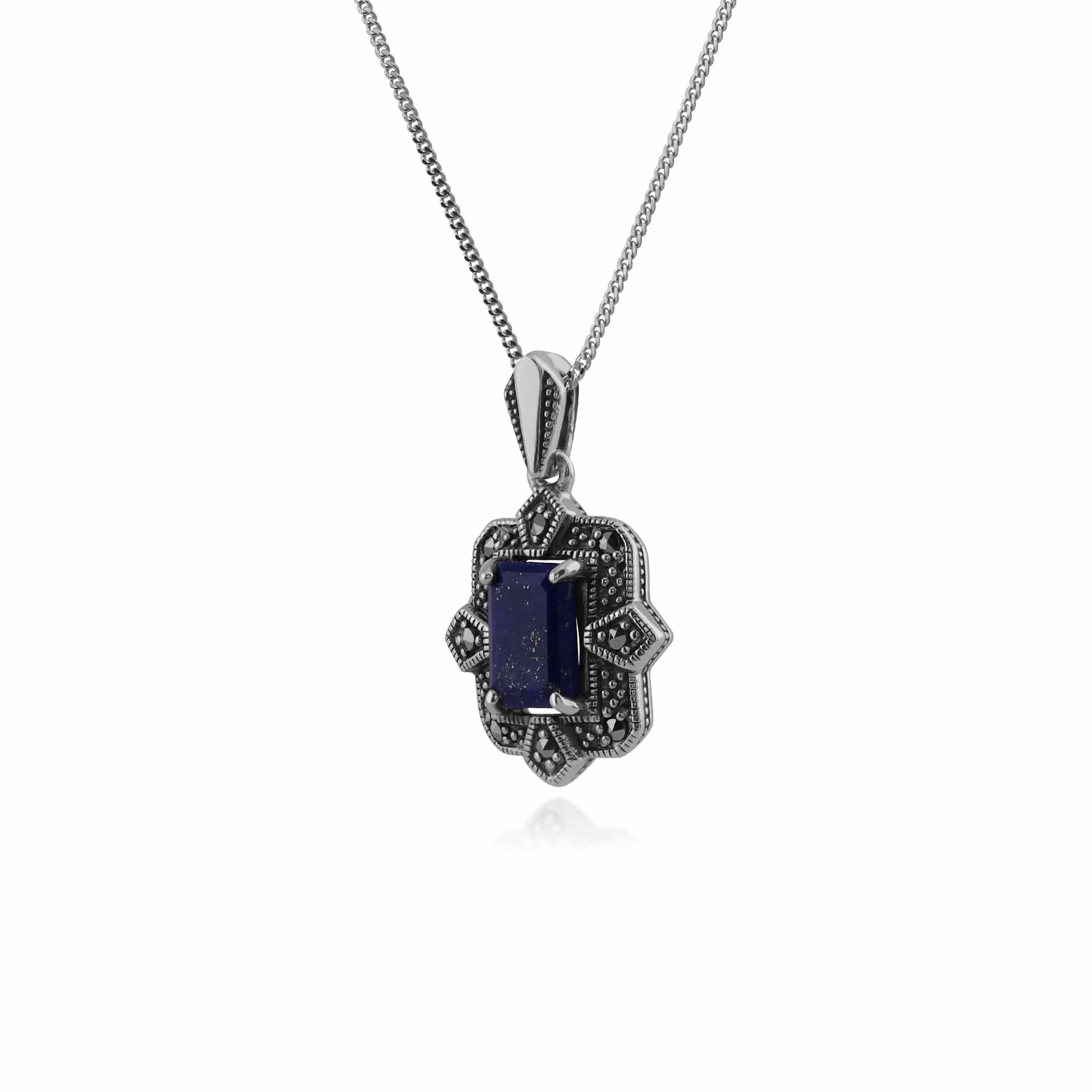 214P297803925 Art Deco Style Octagon Lapis Lazuli & Marcasite Pendant in 925 Sterling Silver 2