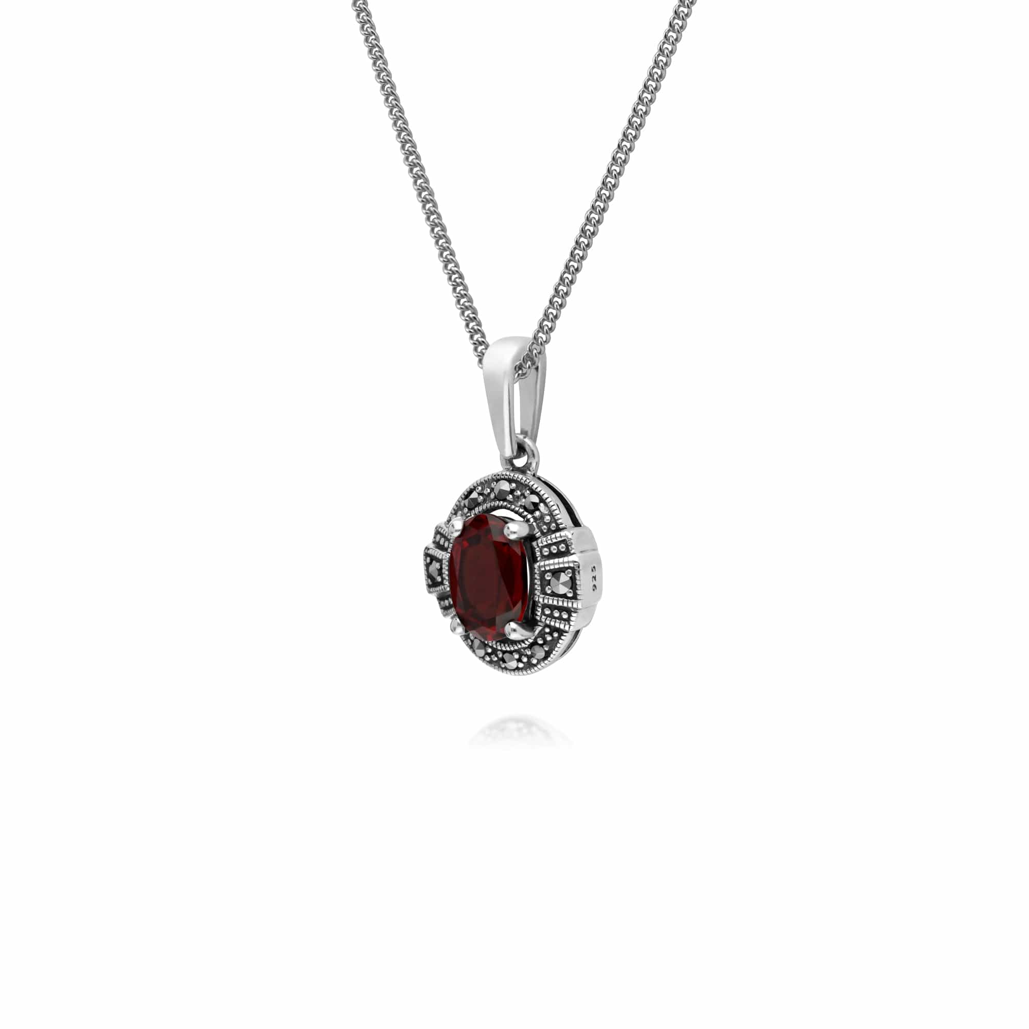 214P303303925 Art Deco Style Oval Garnet & Marcasite Halo Pendant in 925 Sterling Silver 2