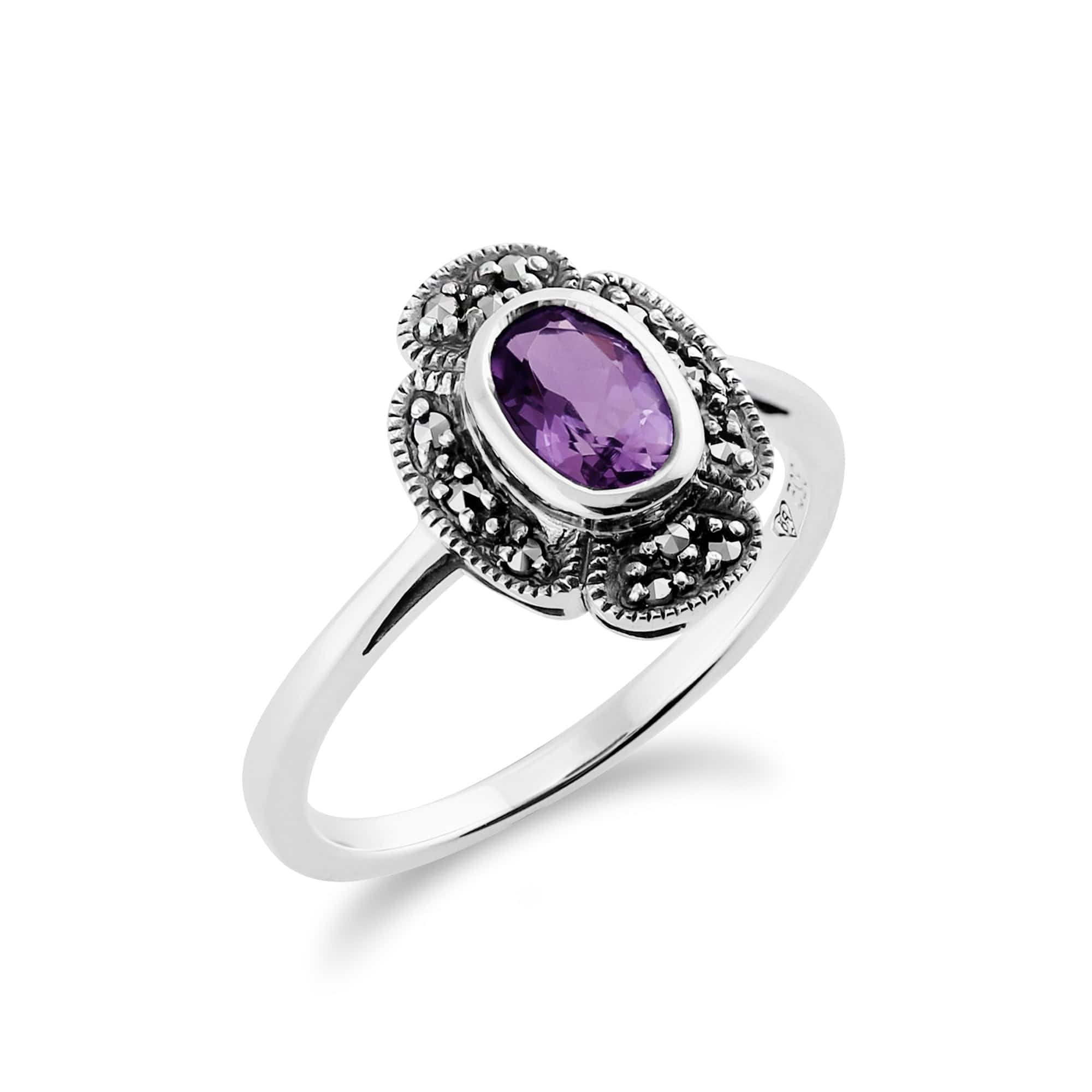 Art Deco Style Oval Amethyst & Marcasite Ring in 925 Sterling Silver - Gemondo
