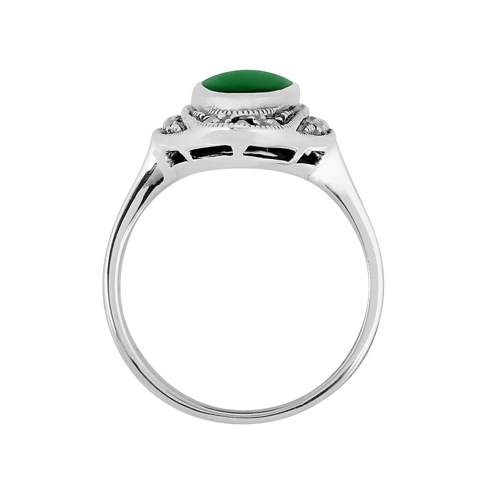Art Deco Style Oval Green Chalcedony & Marcasite Cocktail Ring in 925 Sterling Silver - Gemondo