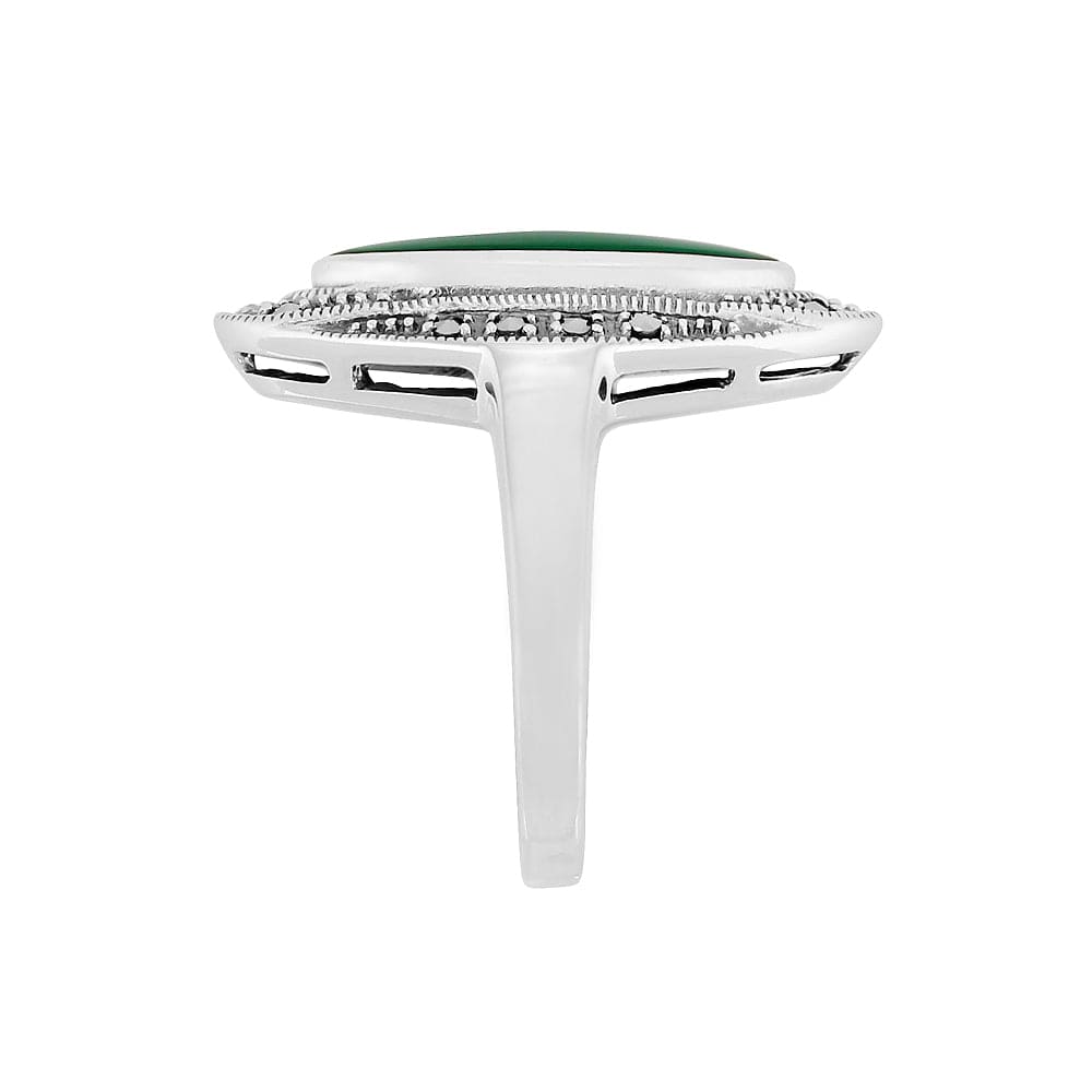 Art Deco Style Oval Green Chalcedony & Marcasite Cocktail Ring in 925 Sterling Silver - Gemondo