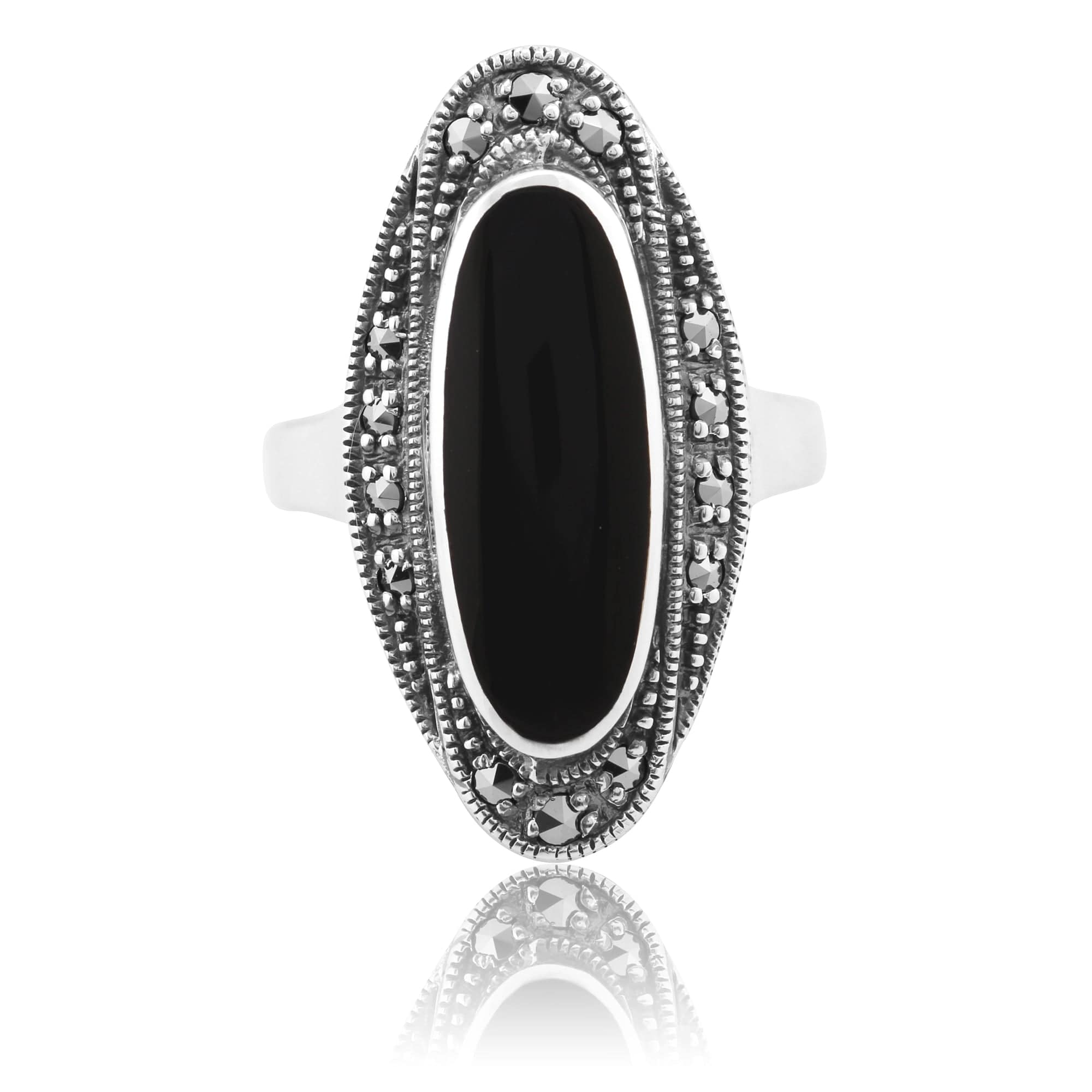 19757 Art Deco Style Black Onyx Cabochon & Marcasite Ring in 925 Sterling Silver 3
