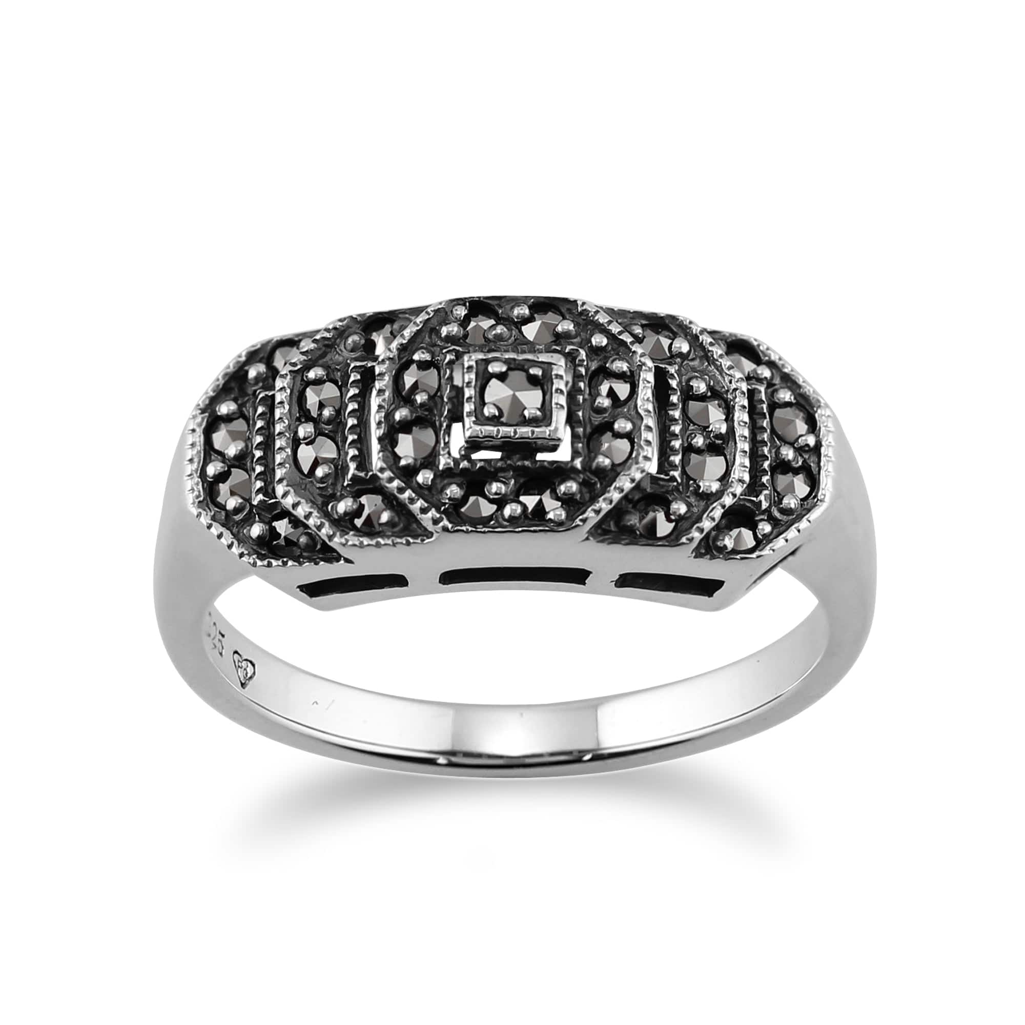 Art Deco Style Round Marcasite Stepped Ring in 925 Sterling Silver