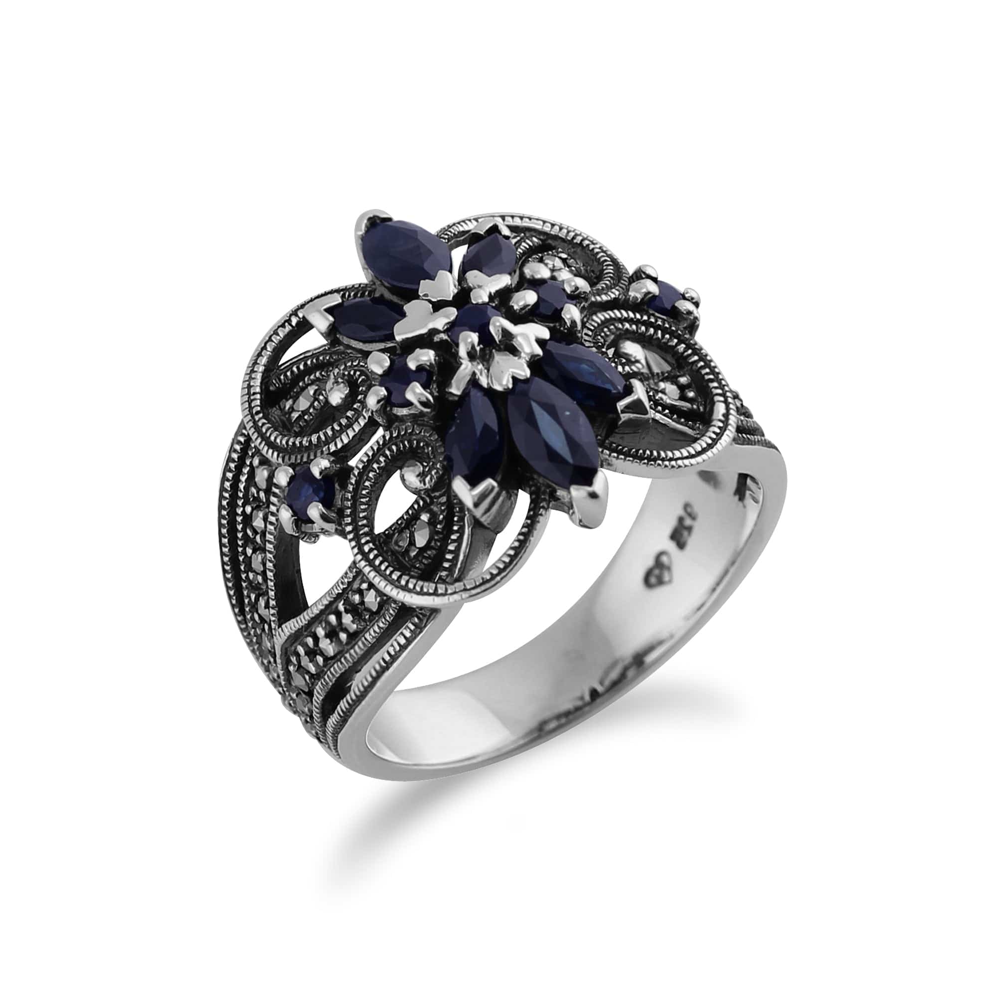 Art Nouveau Marquise Sapphire & Marcasite Cocktail Ring in Sterling Silver 
