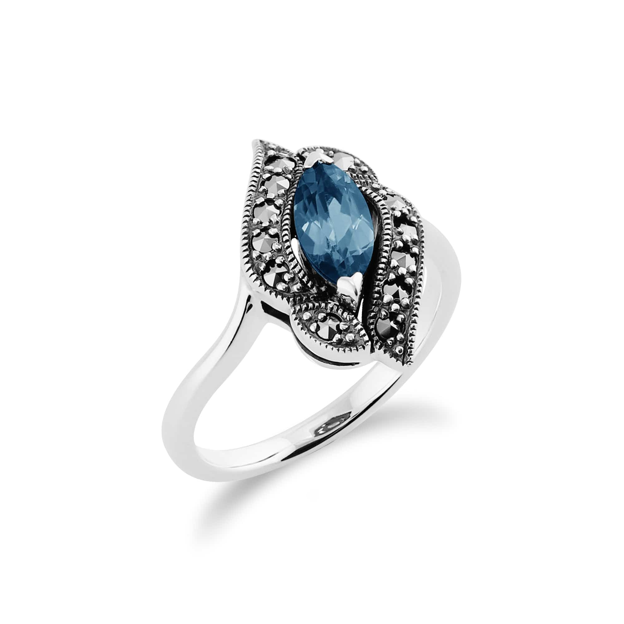 Art Nouveau Style Marquise Blue Topaz & Marcasite Ring in 925 Sterling Silver - Gemondo