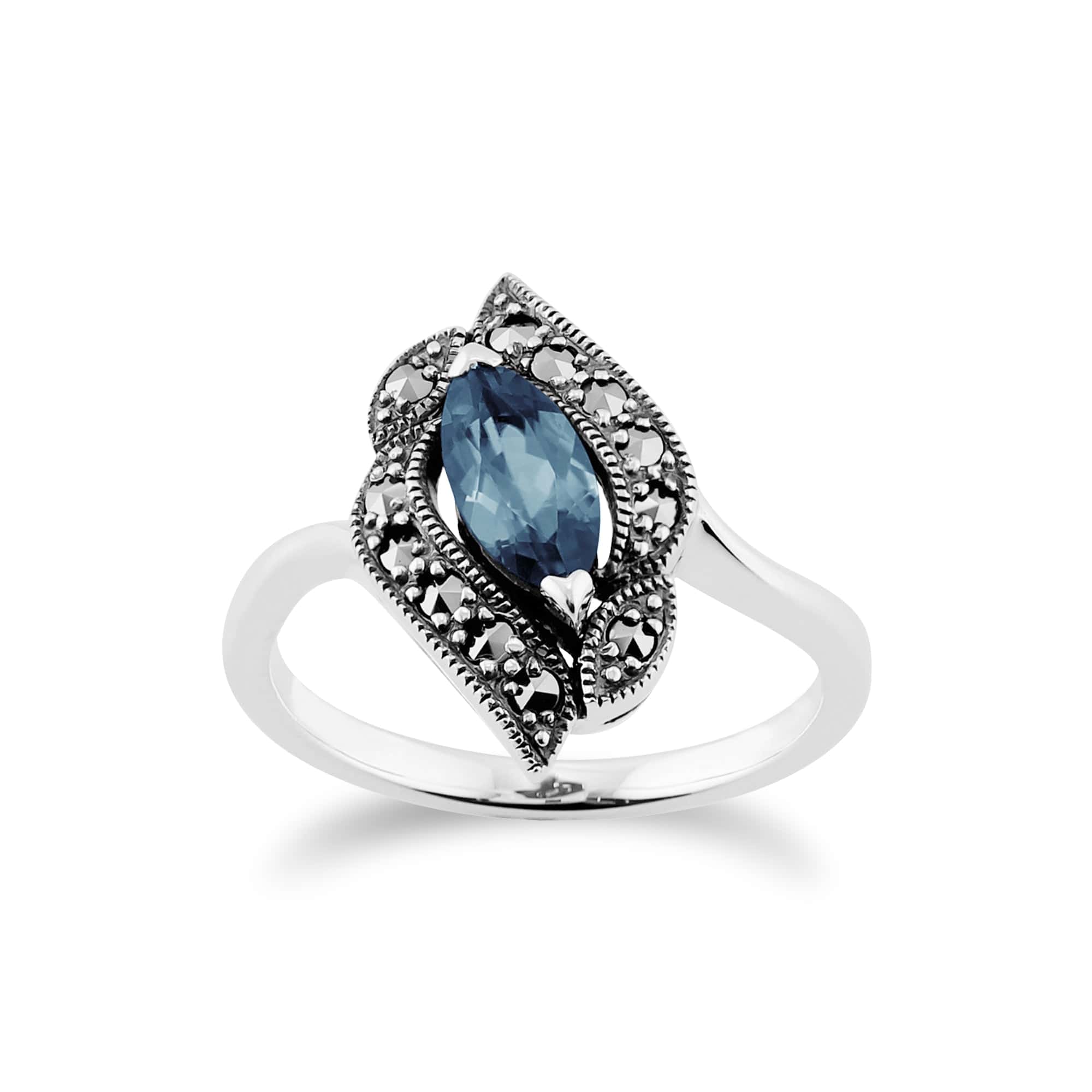 Art Nouveau Style Marquise Blue Topaz & Marcasite Ring in 925 Sterling Silver - Gemondo