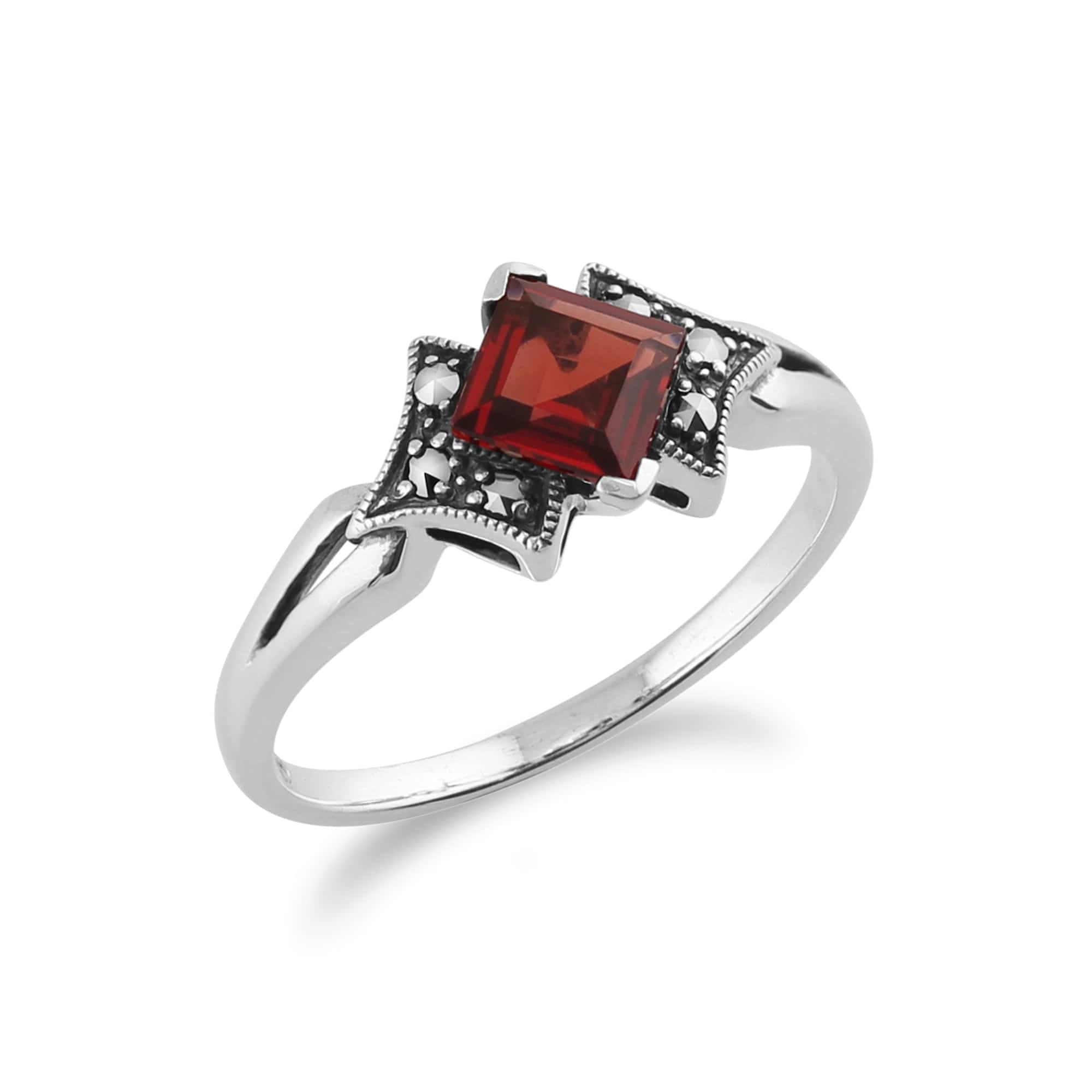 214R393302925 Art Deco Style Square Garnet & Marcasite Ring in 925 Sterling Silver 2