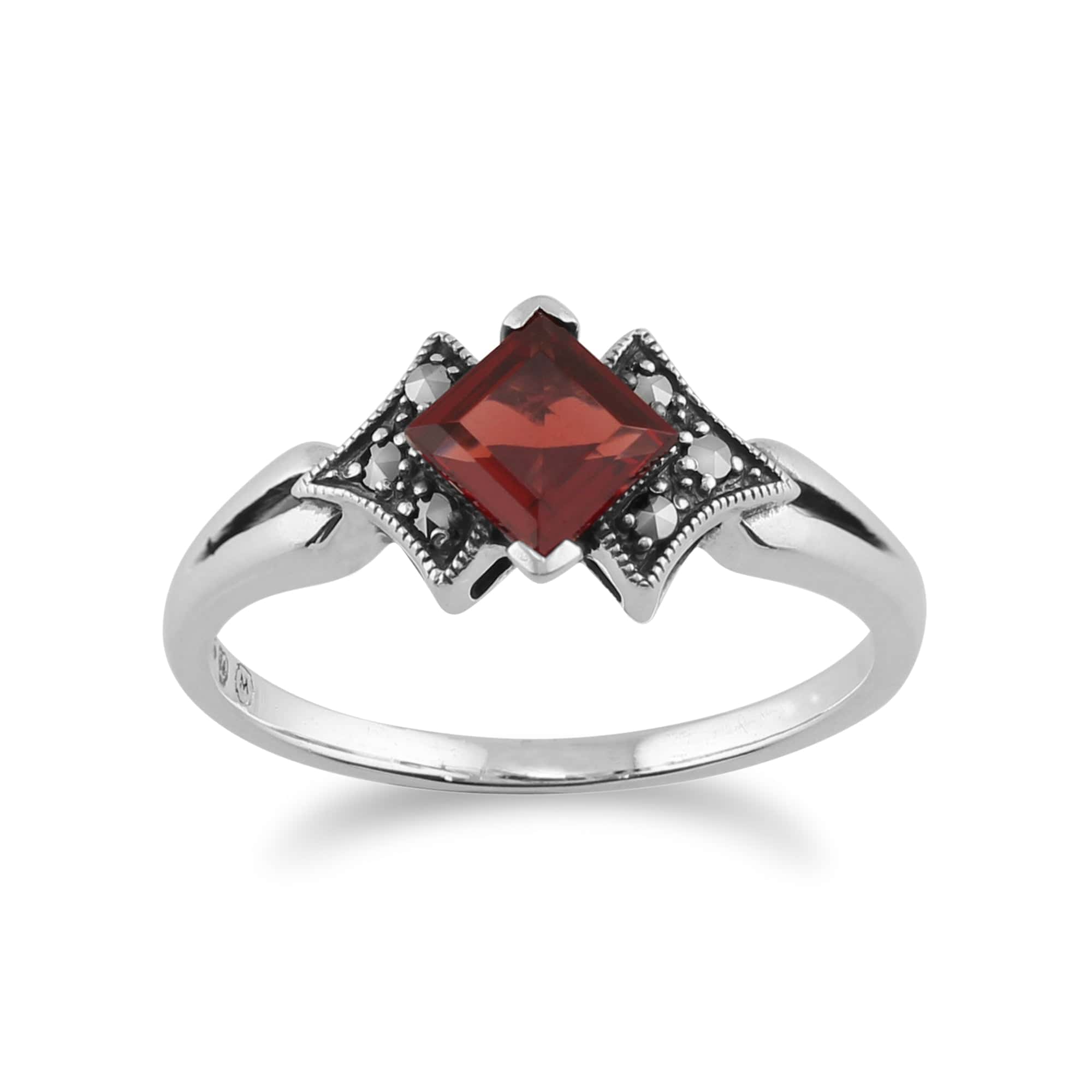 214R393302925 Art Deco Style Square Garnet & Marcasite Ring in 925 Sterling Silver 1
