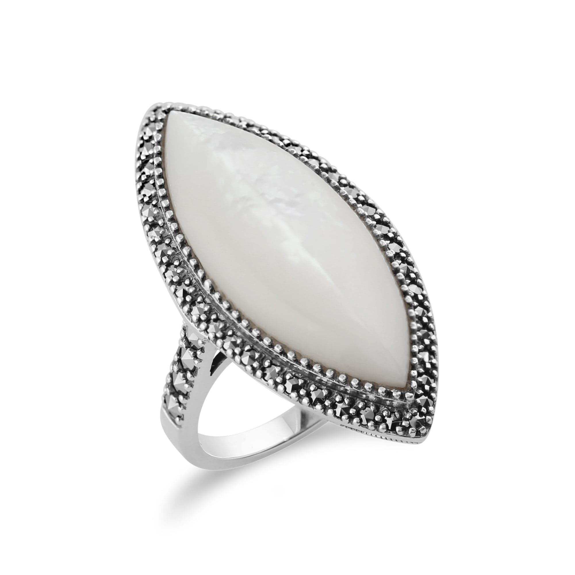 Art Deco Style Marquise Mother of Pearl & Marcasite Statement Ring in 925 Sterling Silver