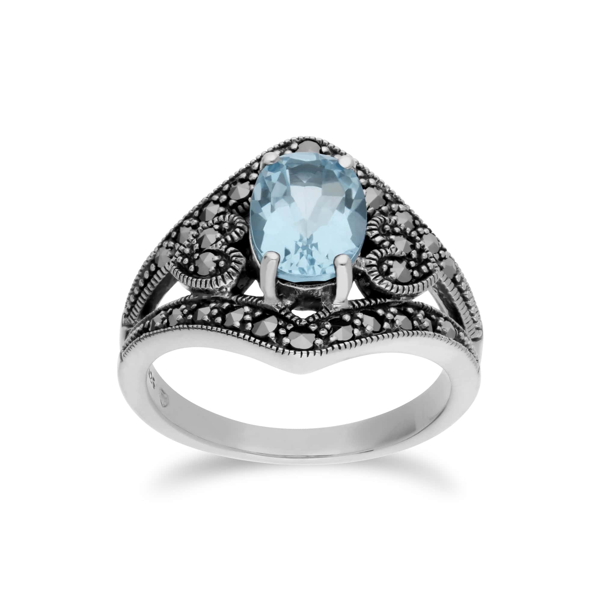 214R404903925 Art Deco Style Oval Blue Topaz & Marcasite in 925 Sterling Silver 1