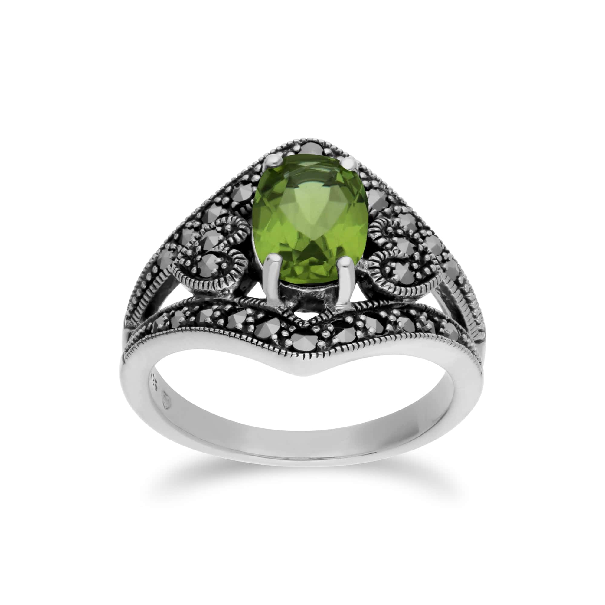Art Deco Style Oval Peridot & Marcasite in 925 Sterling Silver - Gemondo