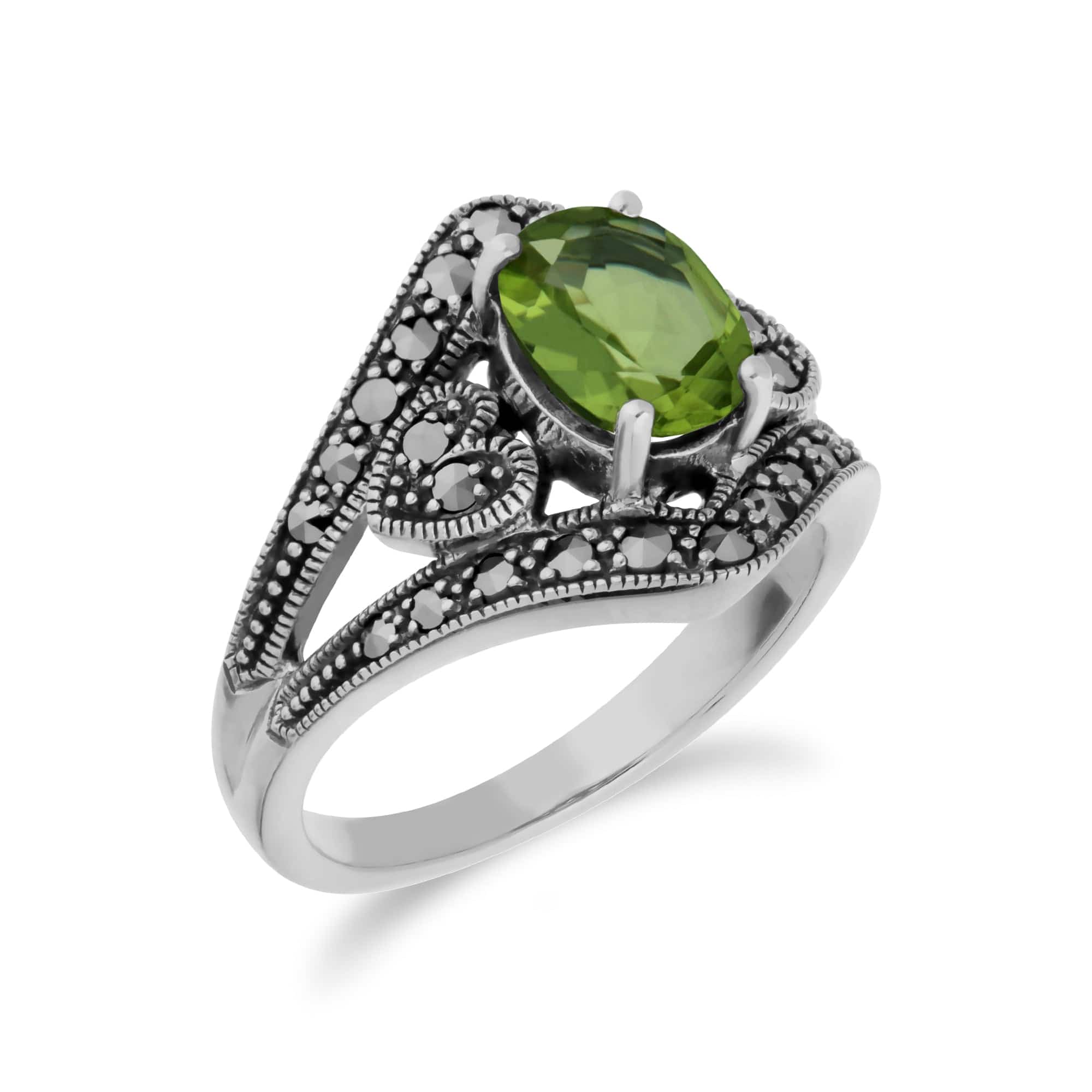 Art Deco Style Oval Peridot & Marcasite in 925 Sterling Silver - Gemondo