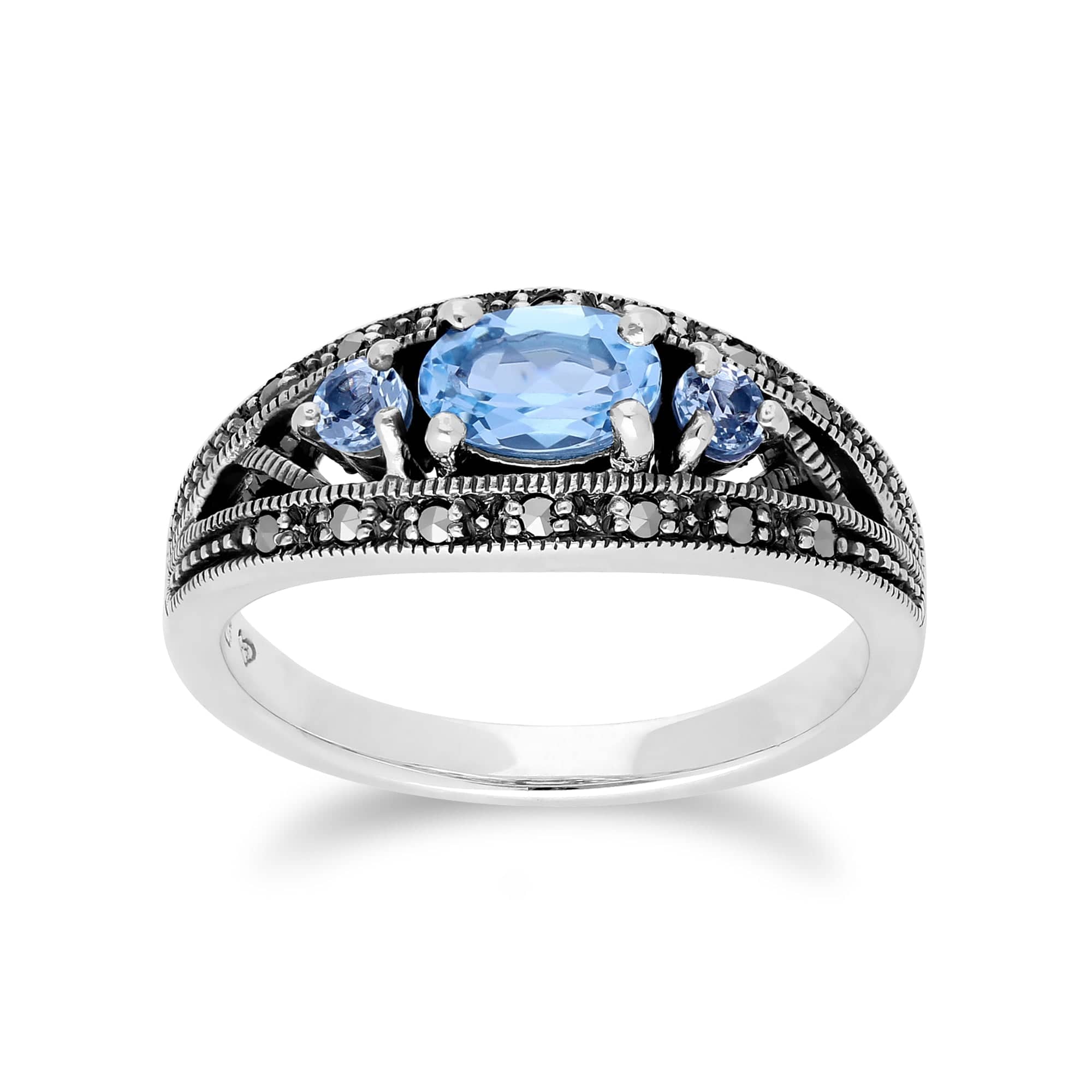 214R424003925 Art Deco Style Oval Blue Topaz & Marcasite Three Stone Ring in 925 Sterling Silver 1