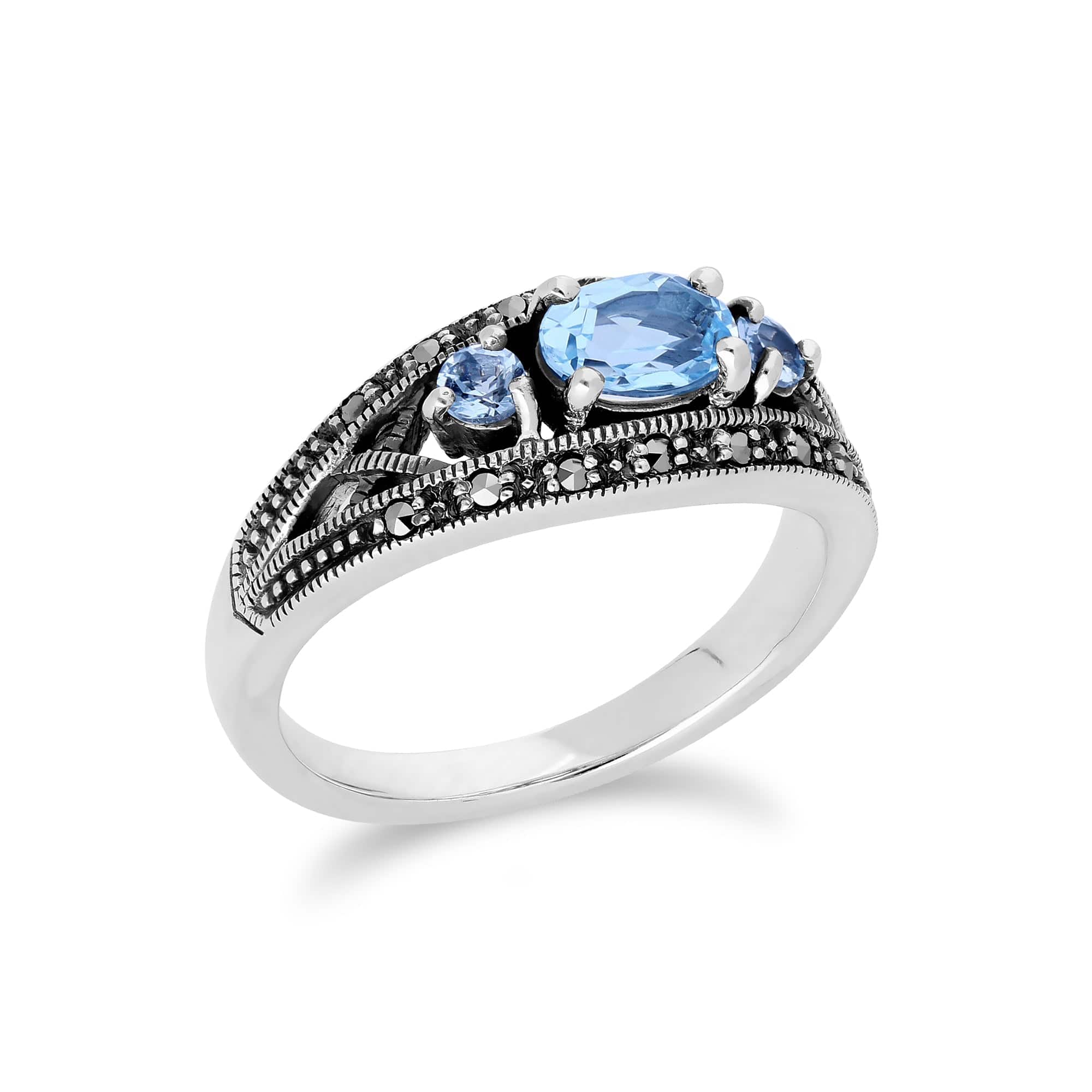 214R424003925 Art Deco Style Oval Blue Topaz & Marcasite Three Stone Ring in 925 Sterling Silver 2