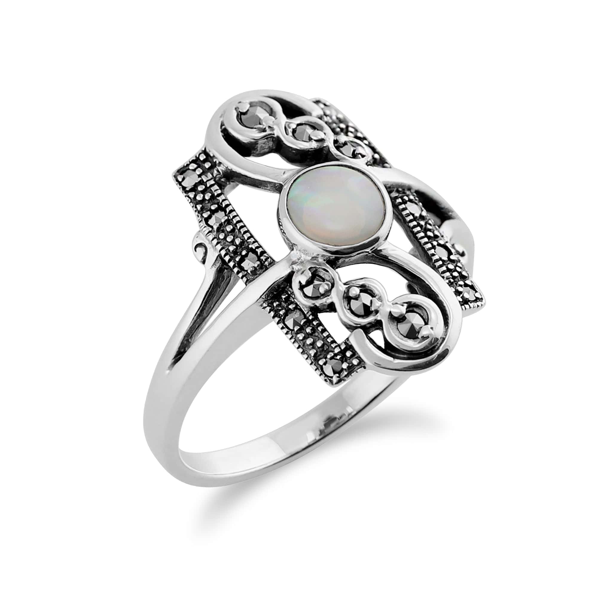 214R466301925 Art Nouveau Style Round Opal & Marcasite Spiral Frame Silver Ring 3