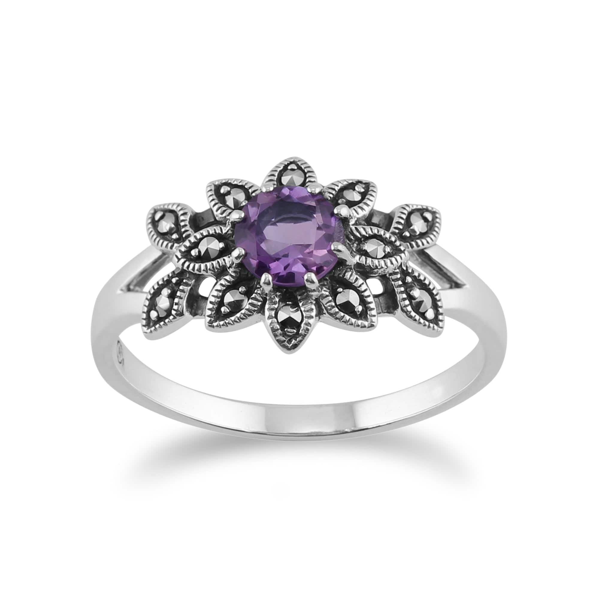 Art Nouveau Style Round Amethyst & Marcasite Floral Ring in 925 Sterling Silver - Gemondo